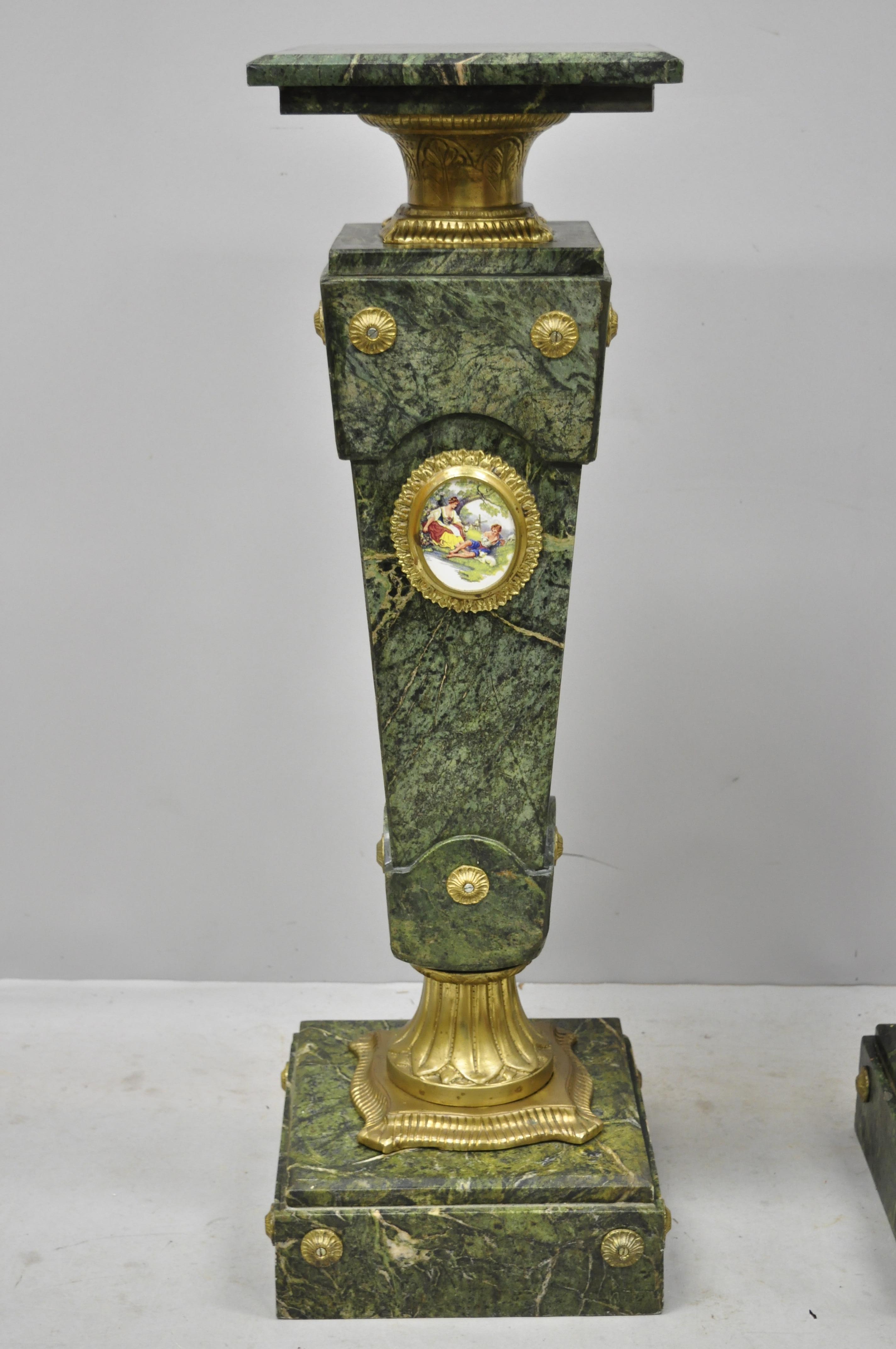 Pair of Louis XV XVI French Style Green Marble Pedestal Stands, Bronze Ormolu 5