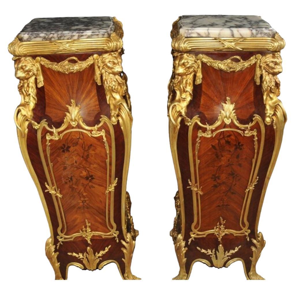 Pair of Louis Xv1 Style Marble Topped Pedestals For Sale