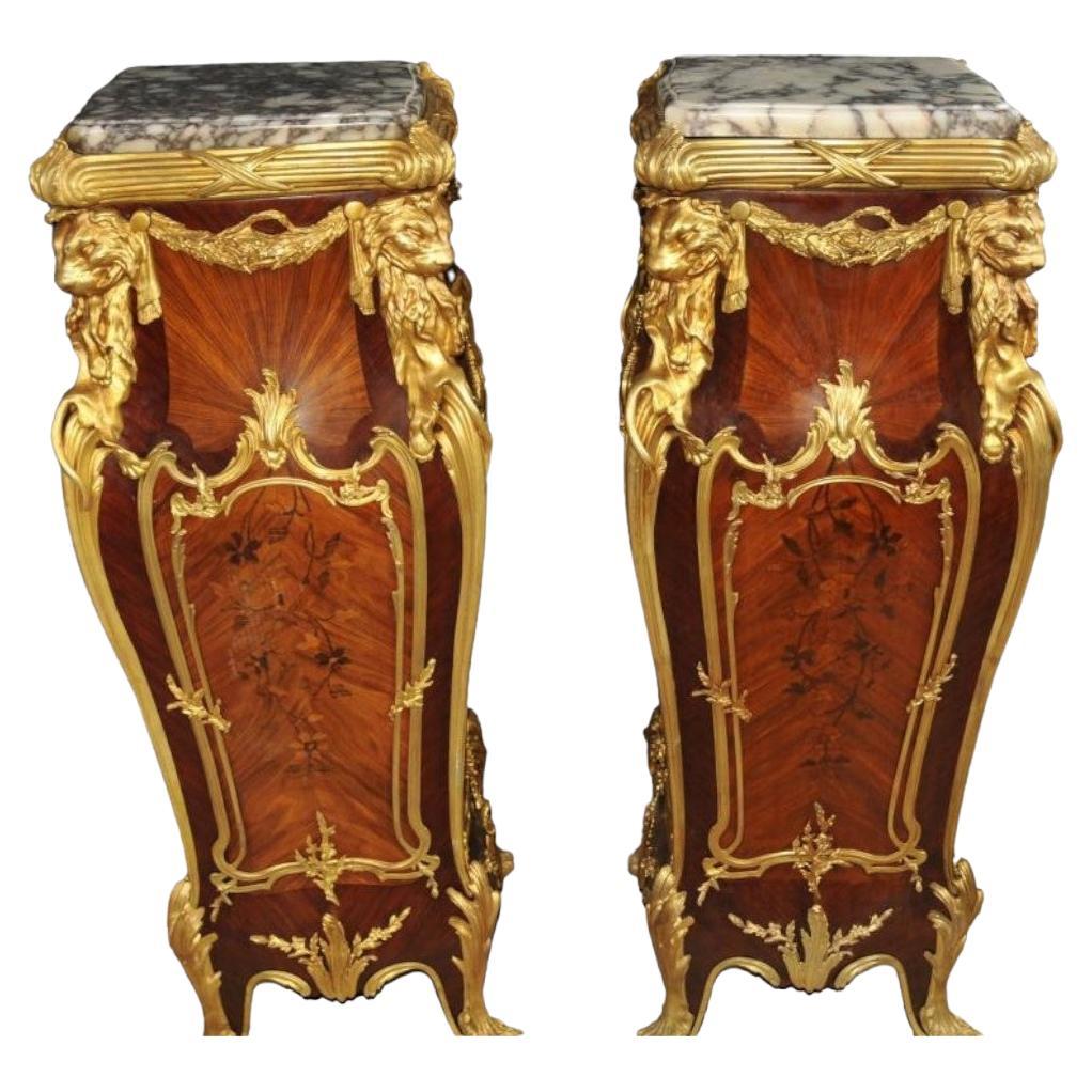 A Fabulous Pair of Linke Style Marble Topped Marquetry inlaid Pedestals
Francois linke (1855-1946) was a well known Cabinet Maker of the late 19th
These Pedestals are made from Kingwood ormolu mounted with lion heads on all four corners and paw