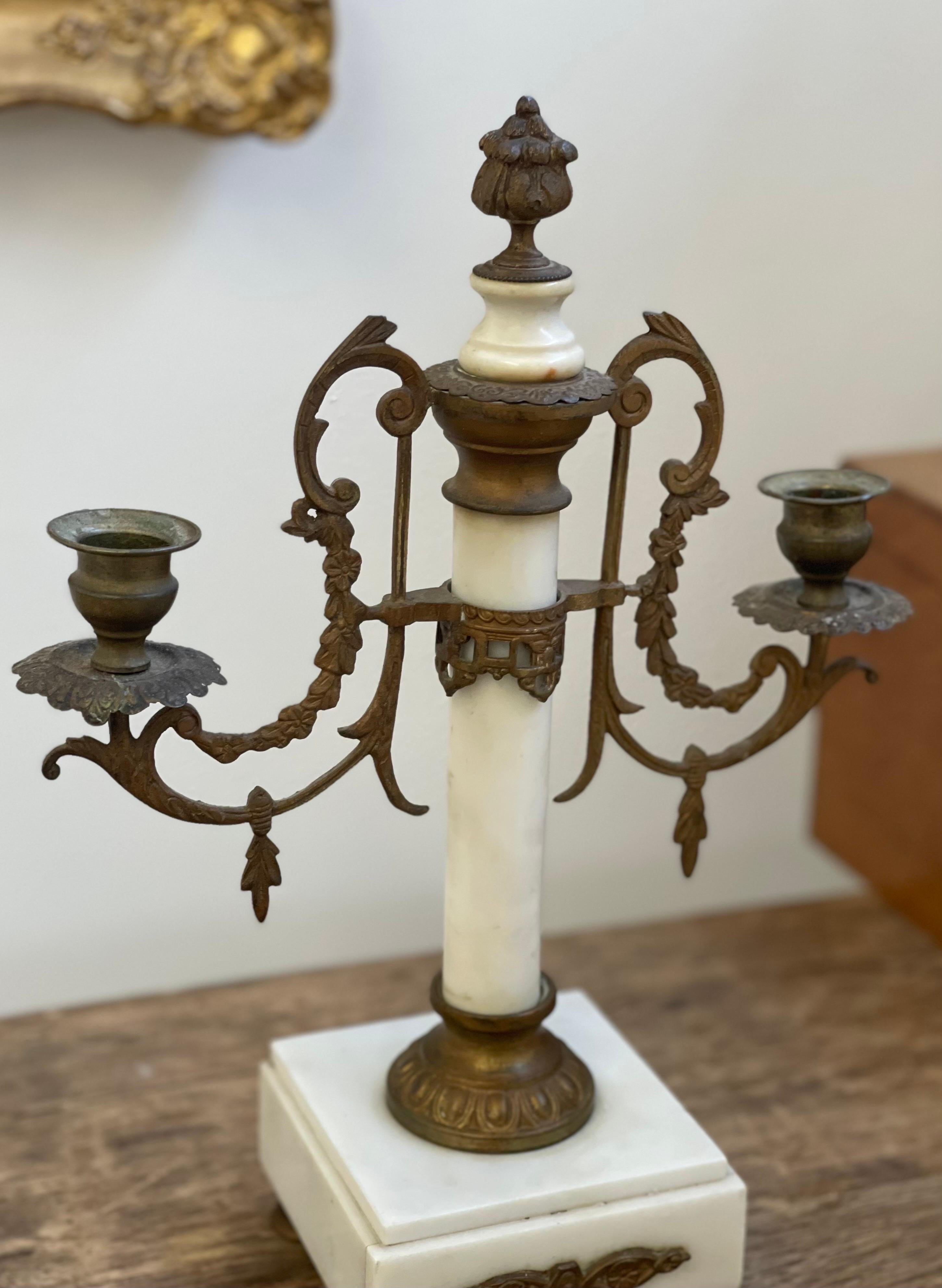Pair of Louis XVI 19th Century Gilt-Bronze and Gilt-Metal and Marble Candelabra In Good Condition For Sale In Seattle, WA