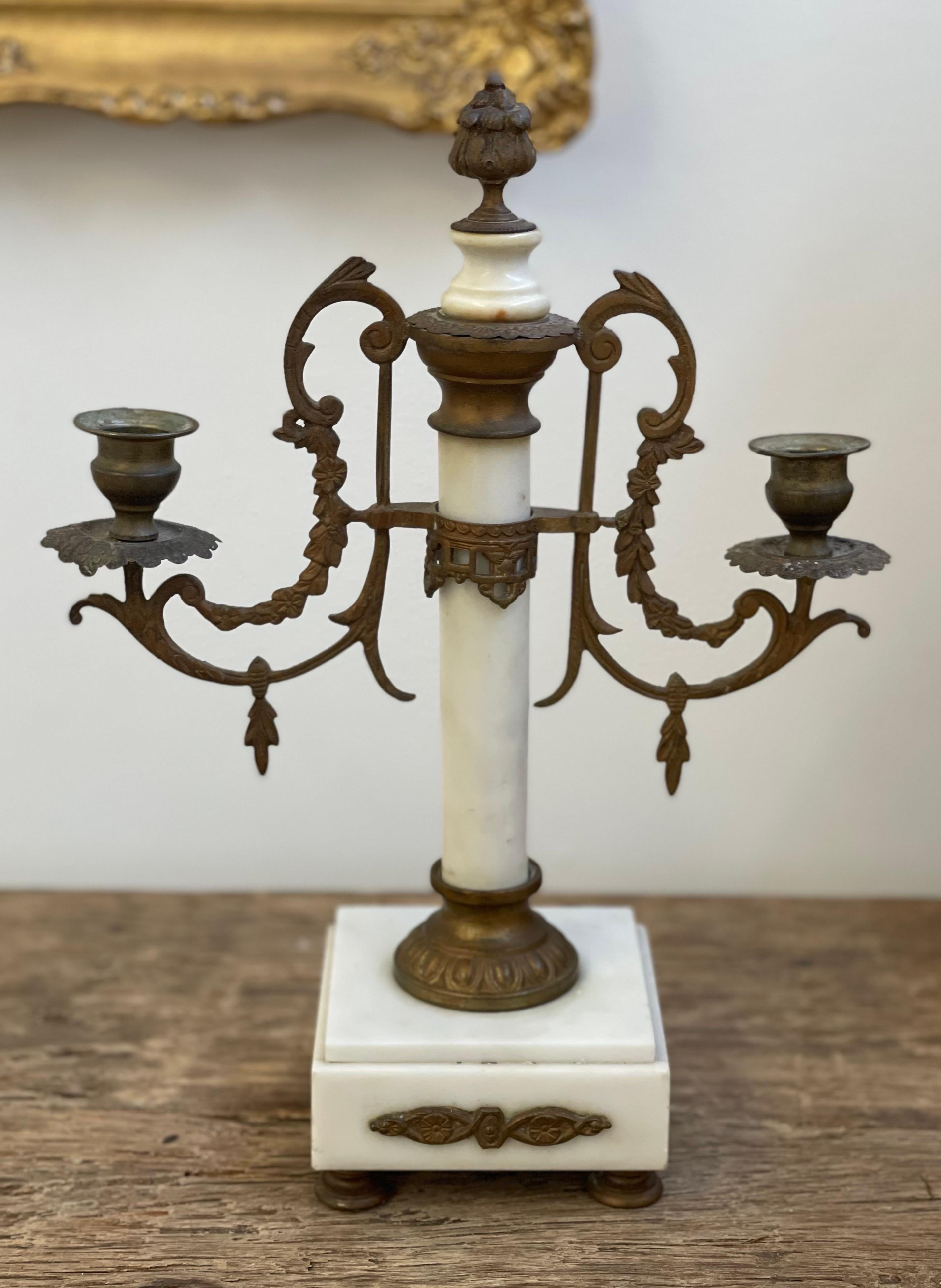 Late 19th Century Pair of Louis XVI 19th Century Gilt-Bronze and Gilt-Metal and Marble Candelabra For Sale