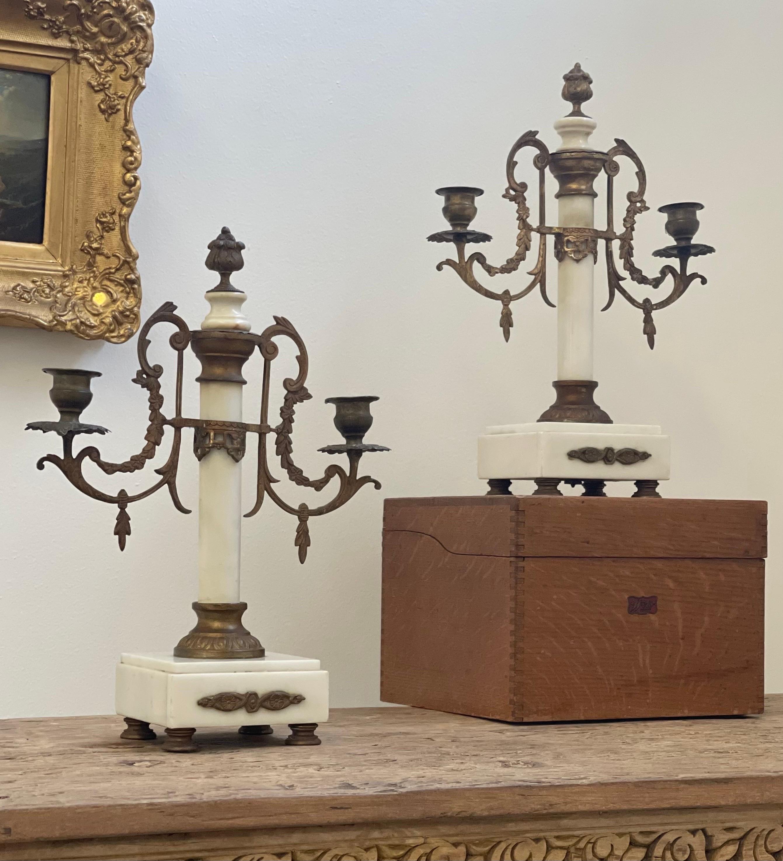 Pair of Louis XVI 19th Century Gilt-Bronze and Gilt-Metal and Marble Candelabra For Sale 2