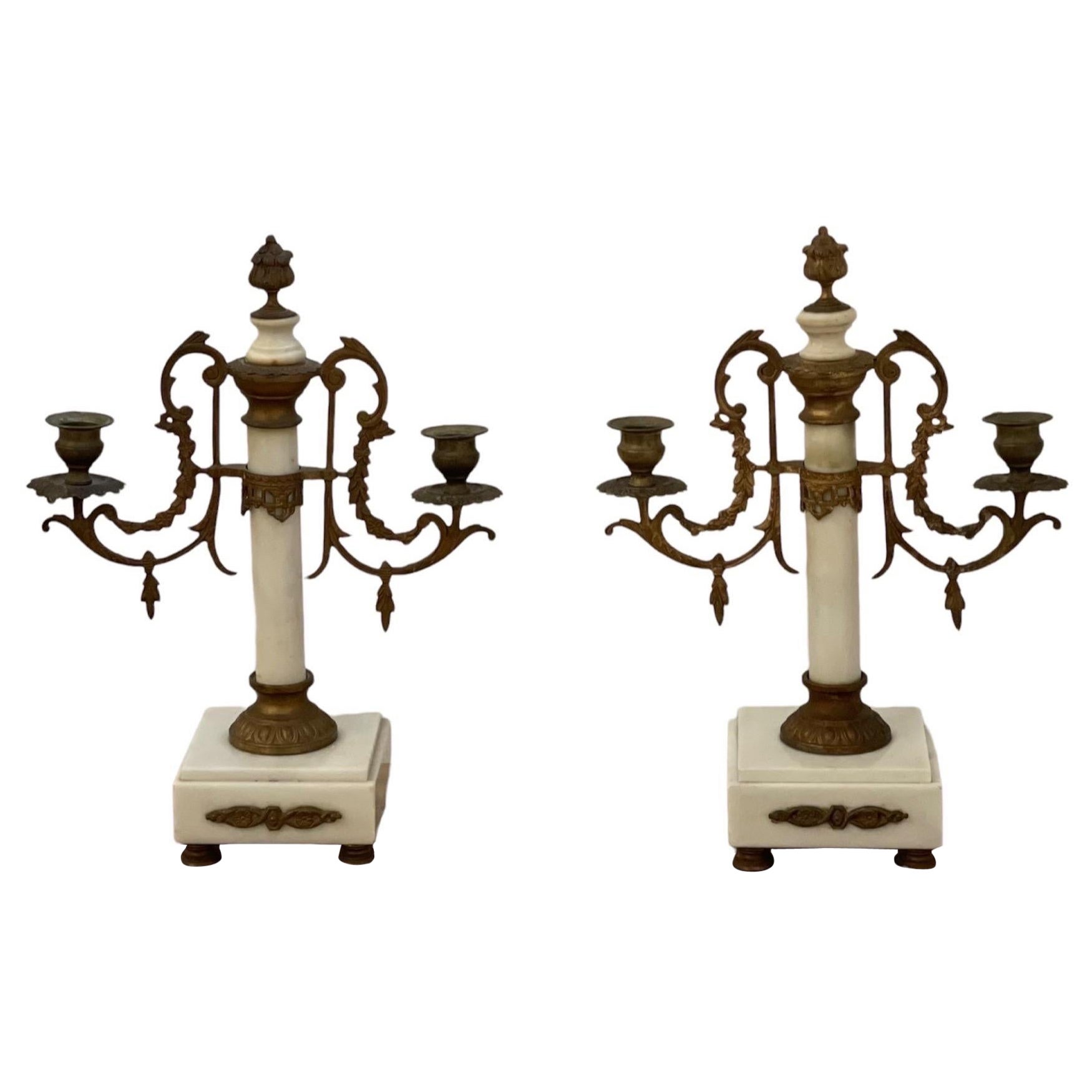 Pair of Louis XVI 19th Century Gilt-Bronze and Gilt-Metal and Marble Candelabra