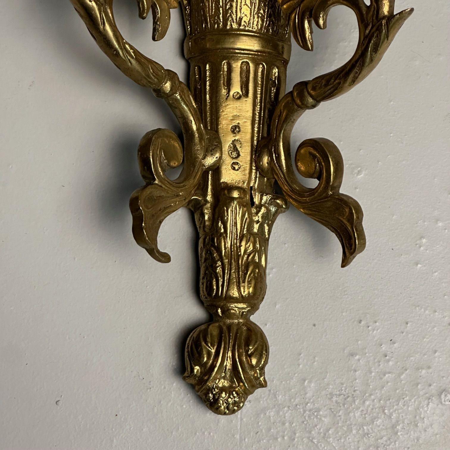 Pair of Louis XVI / Adams Style Bronze Ornate Sconces, Two Light, France, 1940s In Fair Condition For Sale In Stamford, CT