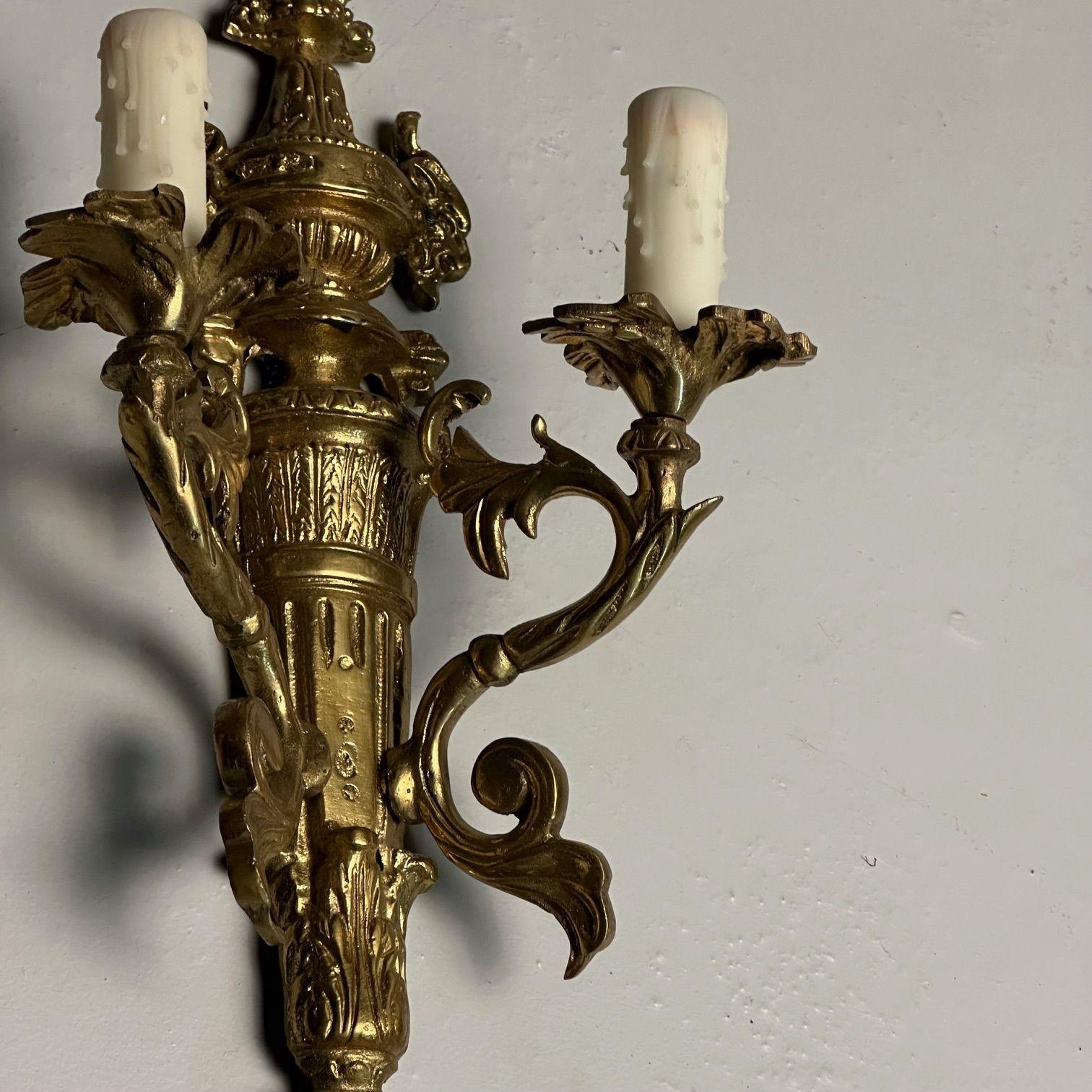 20th Century Pair of Louis XVI / Adams Style Bronze Ornate Sconces, Two Light, France, 1940s For Sale