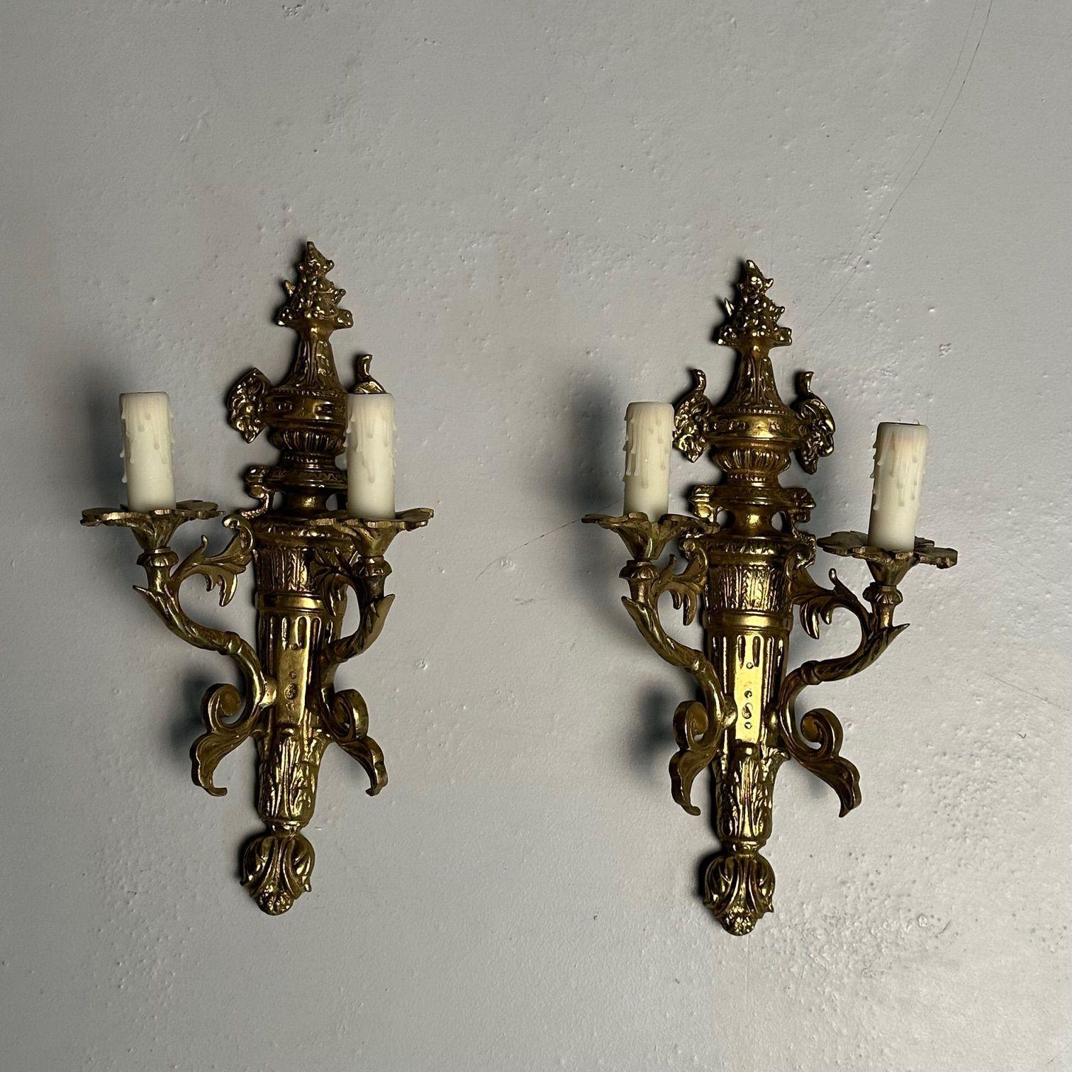 Brass Pair of Louis XVI / Adams Style Bronze Ornate Sconces, Two Light, France, 1940s For Sale