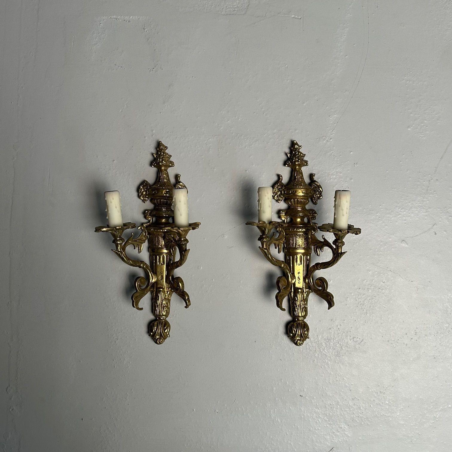 Pair of Louis XVI / Adams Style Bronze Ornate Sconces, Two Light, France, 1940s For Sale 1