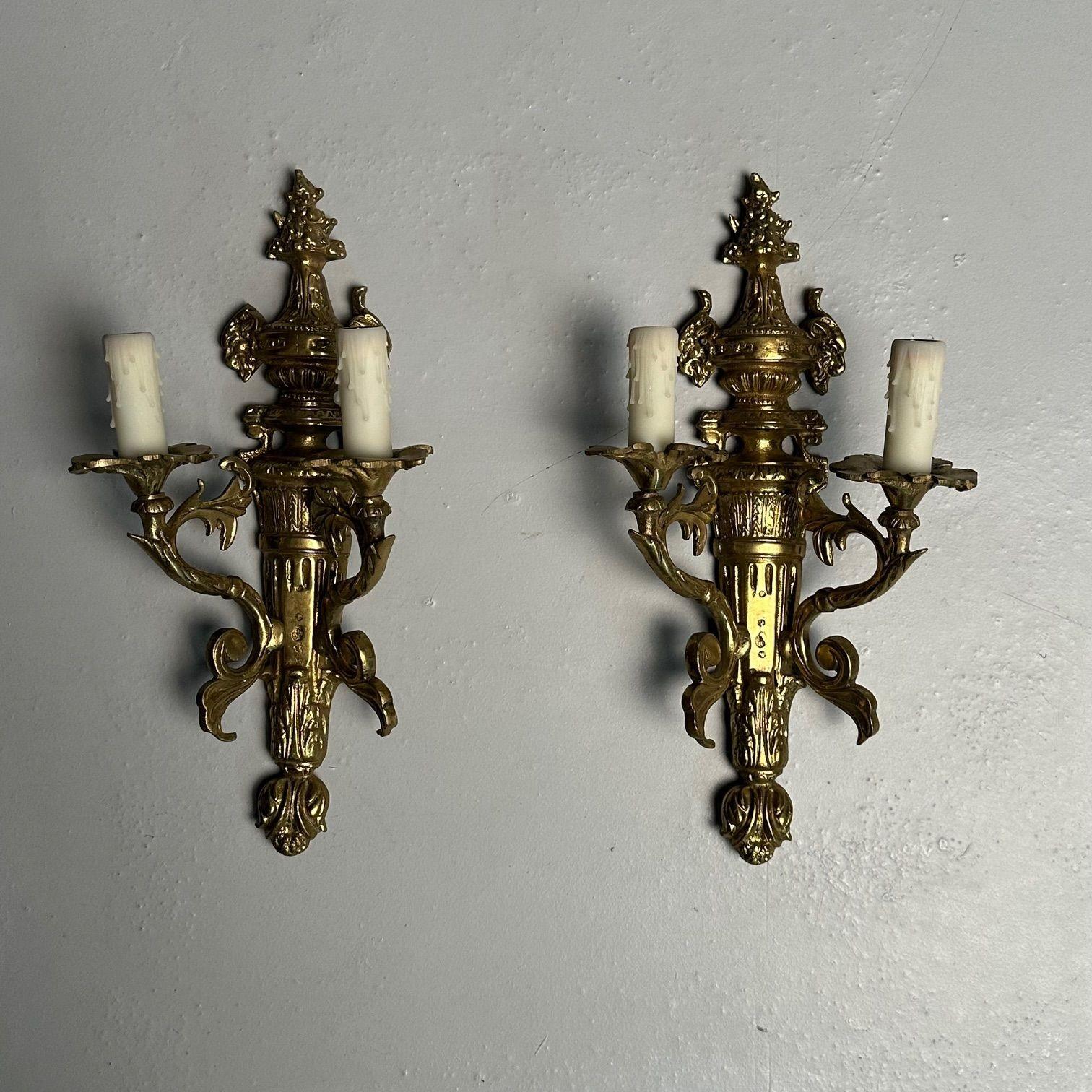 Pair of Louis XVI / Adams Style Bronze Ornate Sconces, Two Light, France, 1940s For Sale 2