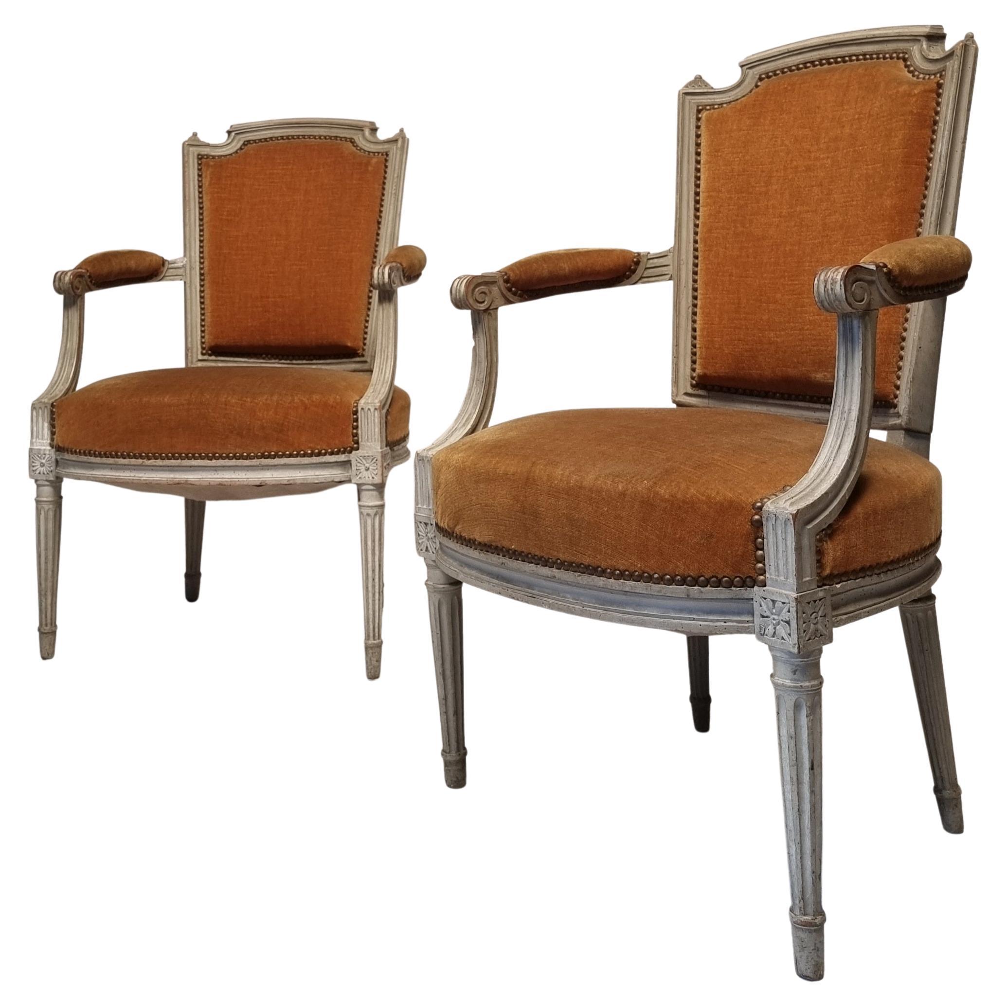 Pair of Louis XVI Armchairs, Lacquered Wood, 18th Century For Sale