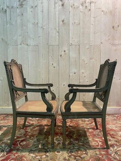 Pair of Louis XVI armchairs with rechamped wood and caning