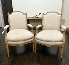 Pair of Louis XVI Belgian linen armchairs purchased at Les Puces de Paris.