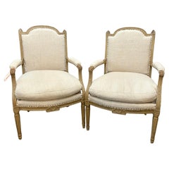 Pair of Louis XVI Belgian linen armchairs purchased at Les Puces de Paris.