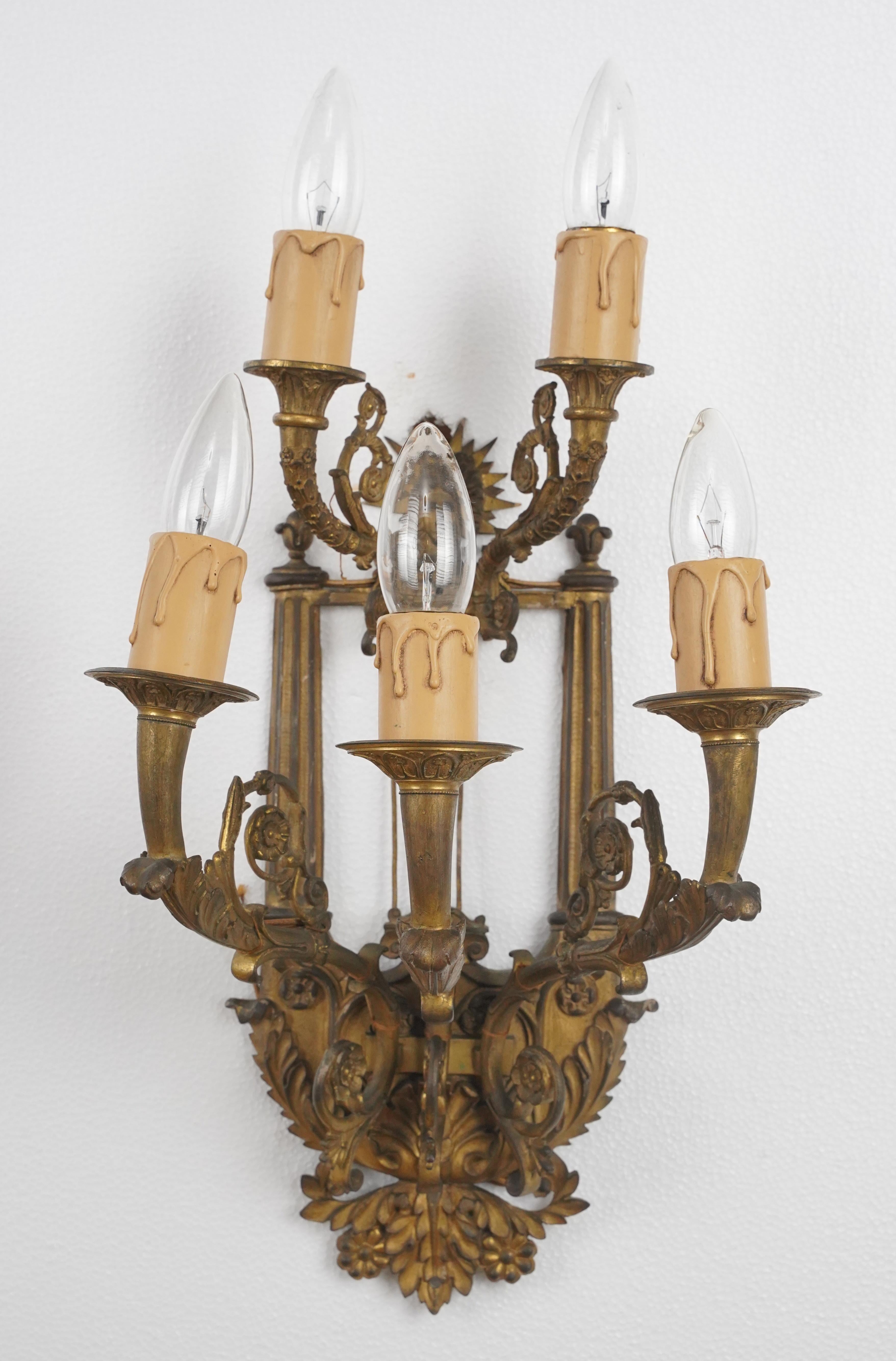 Pair of Louis XVI Bronze 5 Arm Wall Sconces In Good Condition For Sale In New York, NY