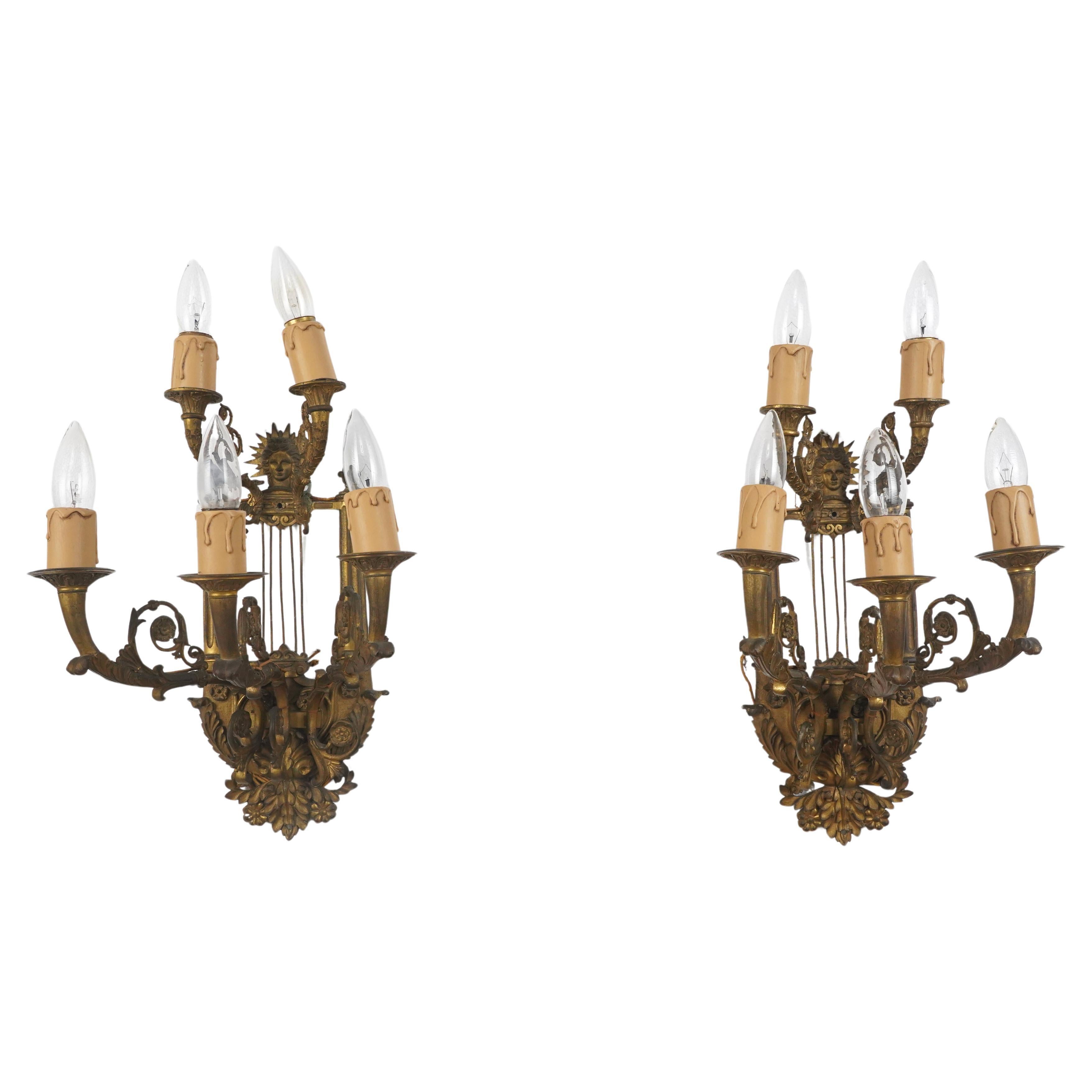 Pair of Louis XVI Bronze 5 Arm Wall Sconces For Sale