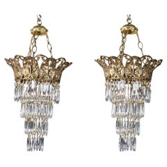 Antique Pair of Louis XVI Bronze Chandeliers with Crystals