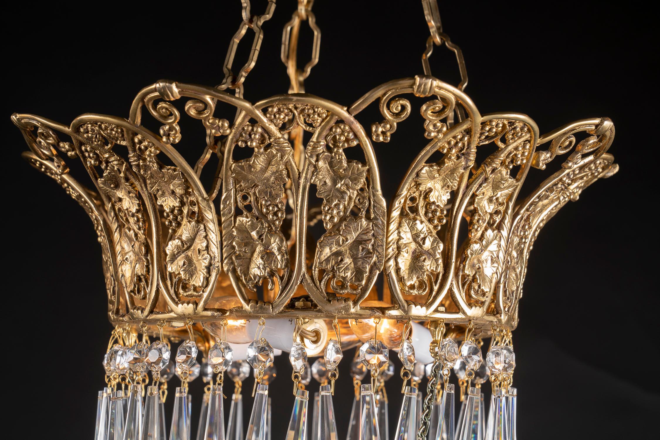 Pair of Louis XVI Bronze Chandeliers with Crystals, French 19th Century For Sale 2