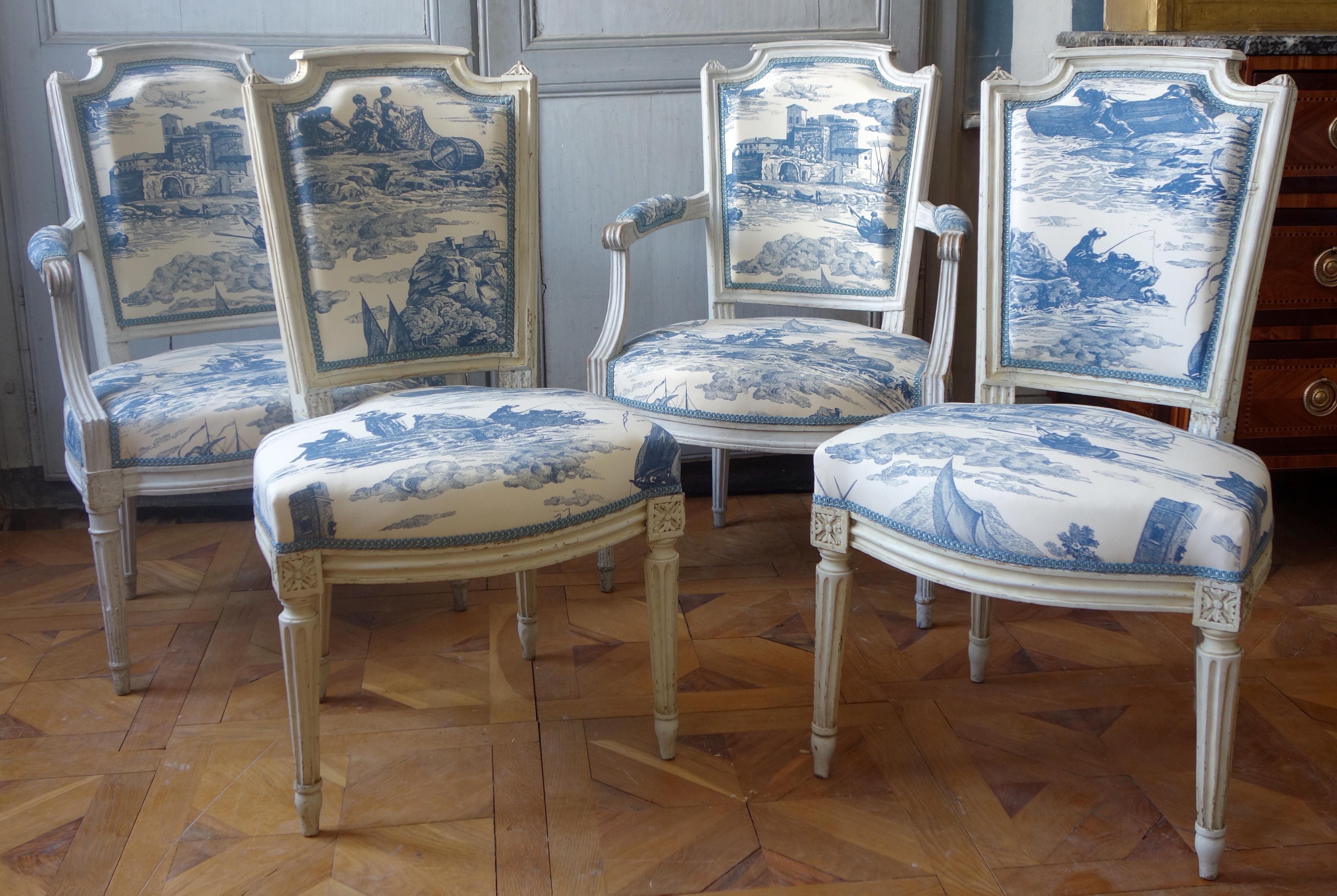 Pair of Louis XVI cabriolet armchairs, 18th century, toile de Jouy fabric 5
