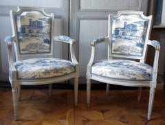 Pair of Louis XVI cabriolet armchairs, 18th century, toile de Jouy fabric