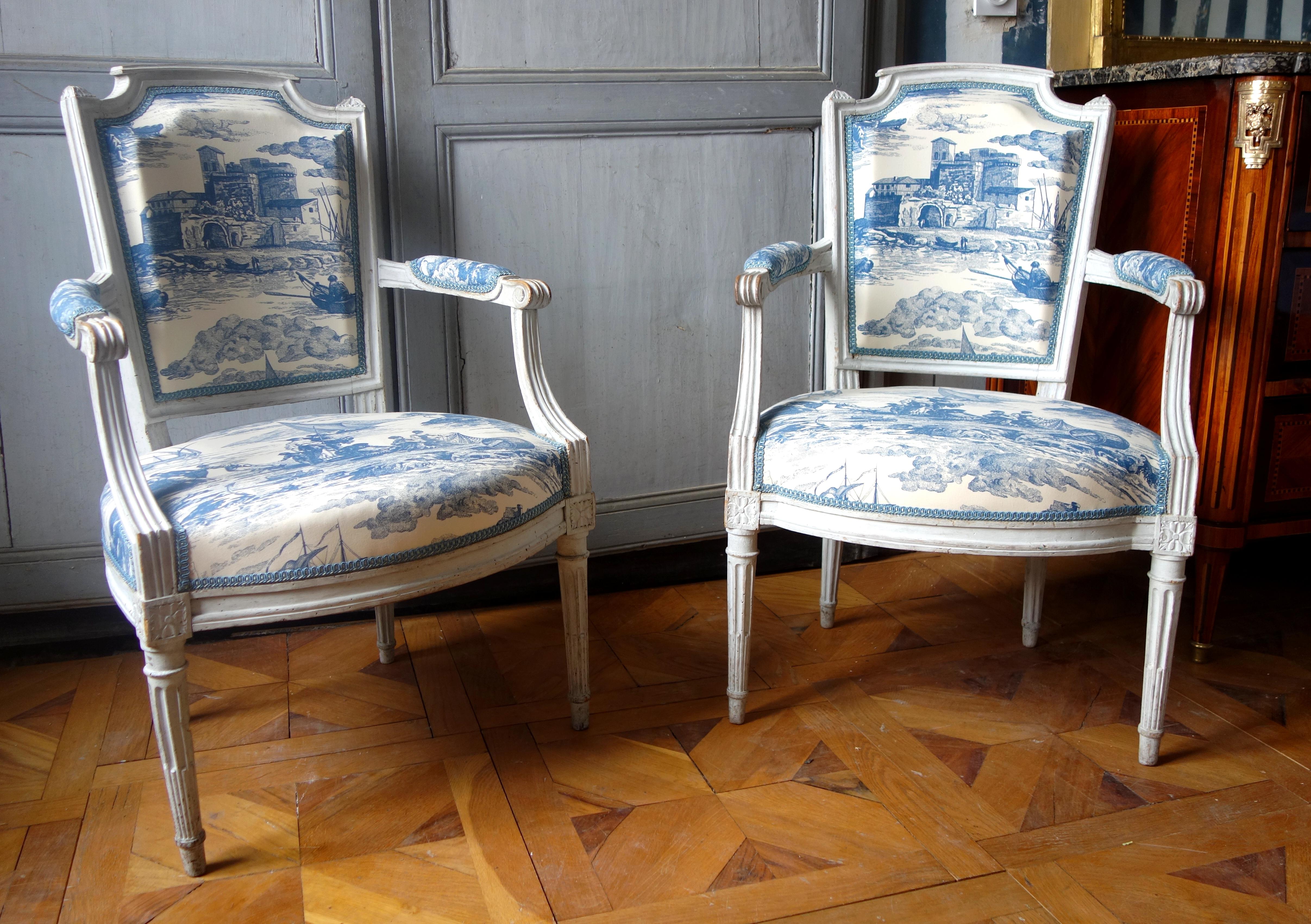 French Pair of Louis XVI cabriolet armchairs, 18th century, toile de Jouy fabric