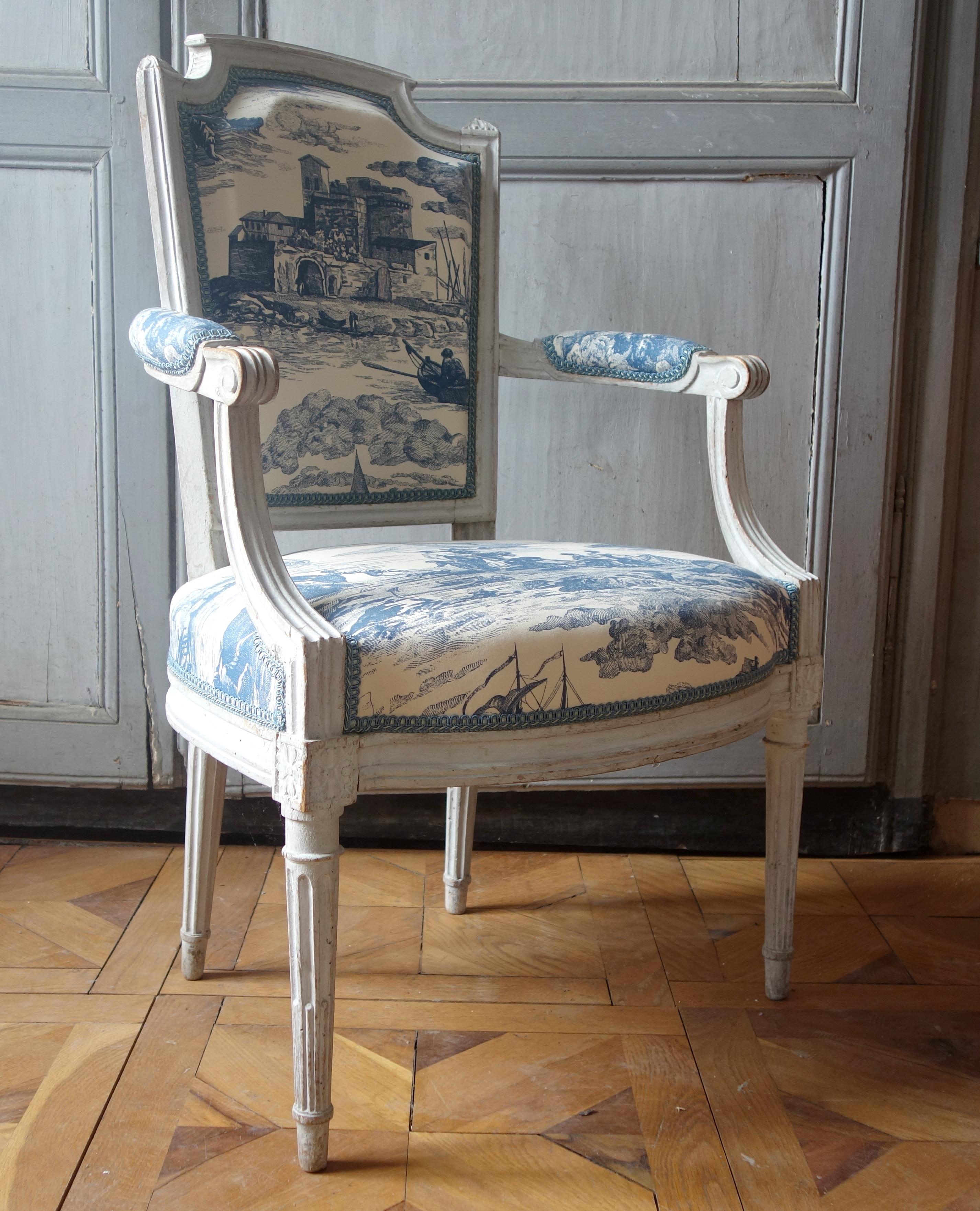 18th Century and Earlier Pair of Louis XVI cabriolet armchairs, 18th century, toile de Jouy fabric