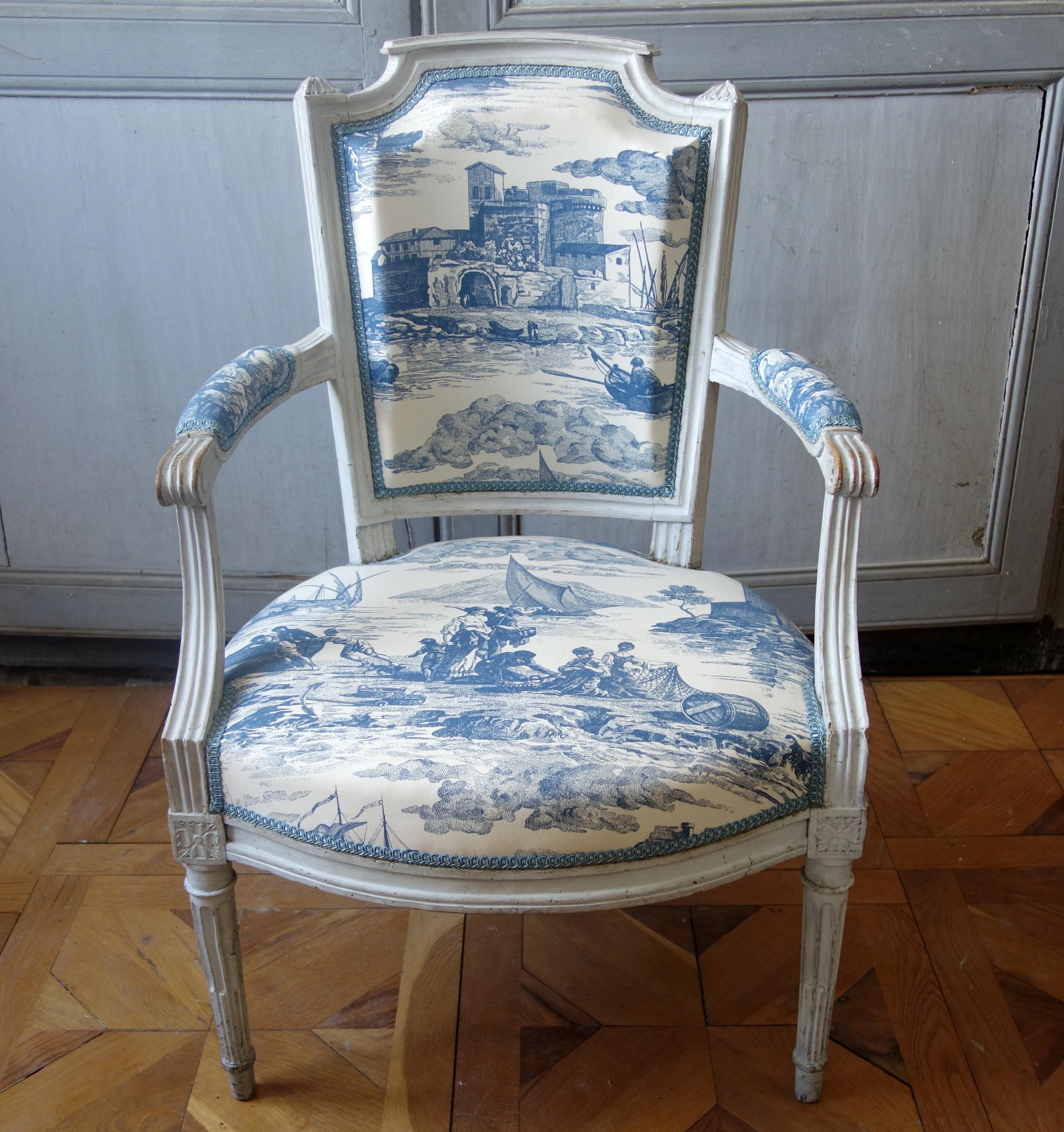 Wood Pair of Louis XVI cabriolet armchairs, 18th century, toile de Jouy fabric
