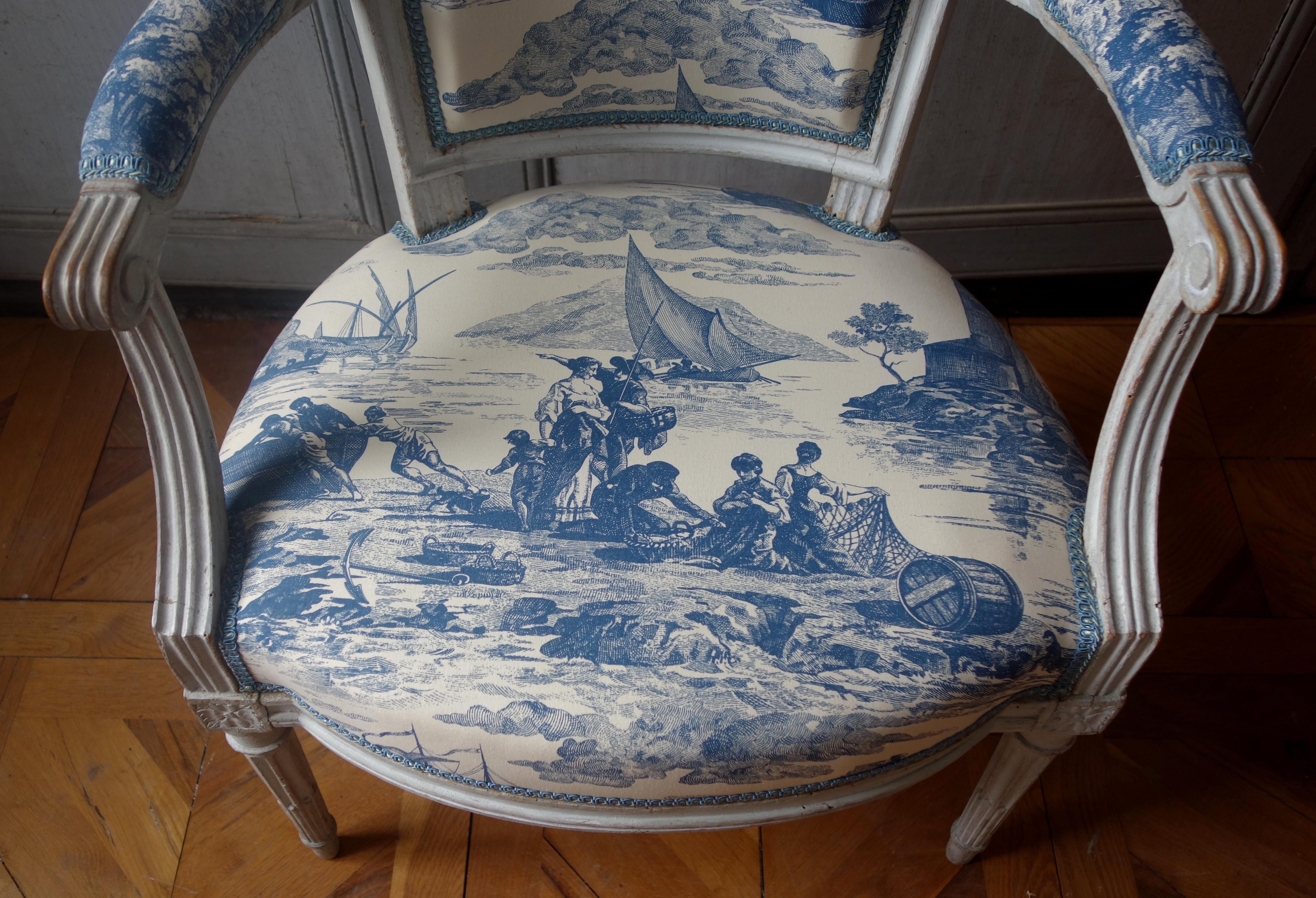 Pair of Louis XVI cabriolet armchairs, 18th century, toile de Jouy fabric 1