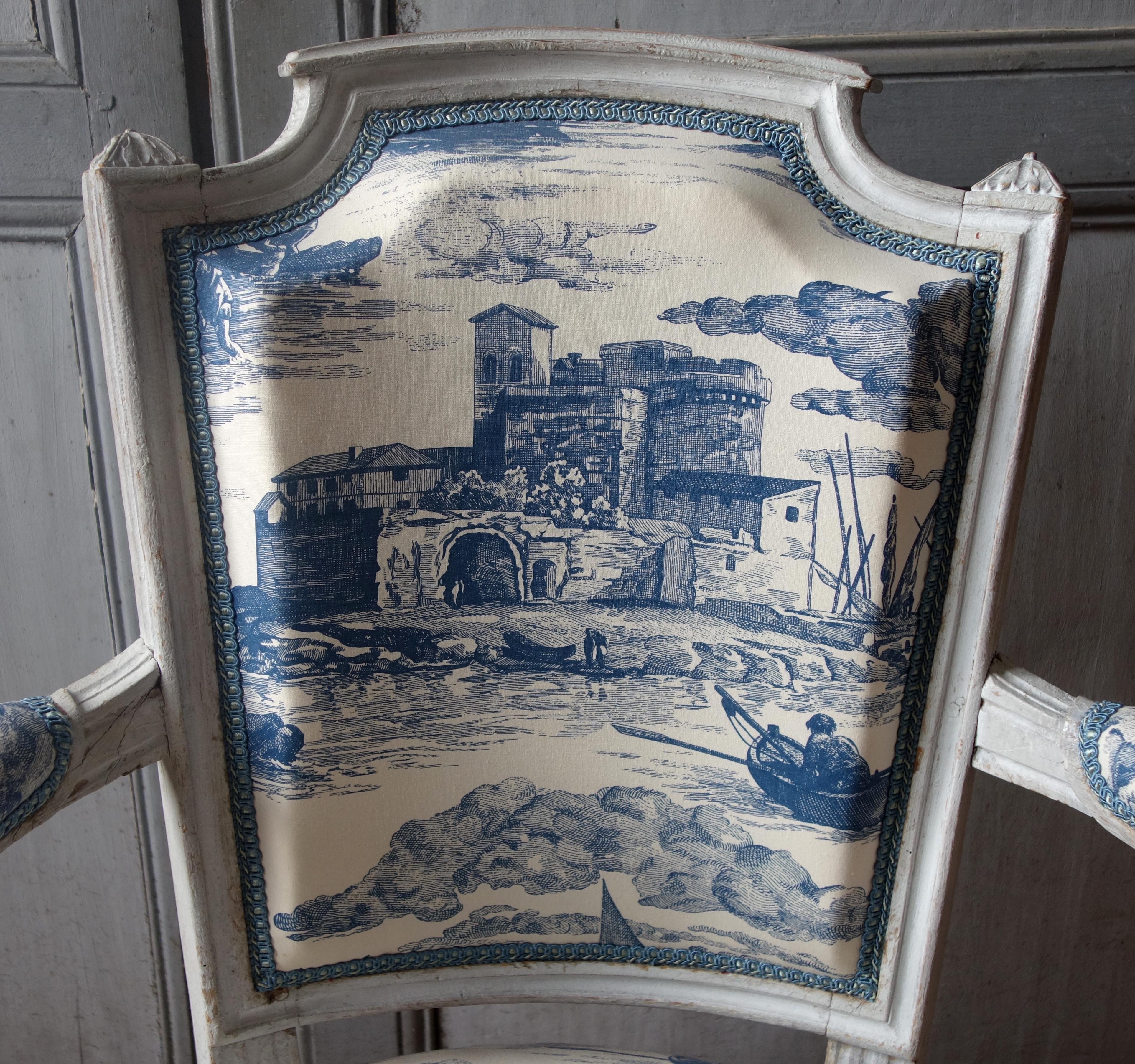 Pair of Louis XVI cabriolet armchairs, 18th century, toile de Jouy fabric 2