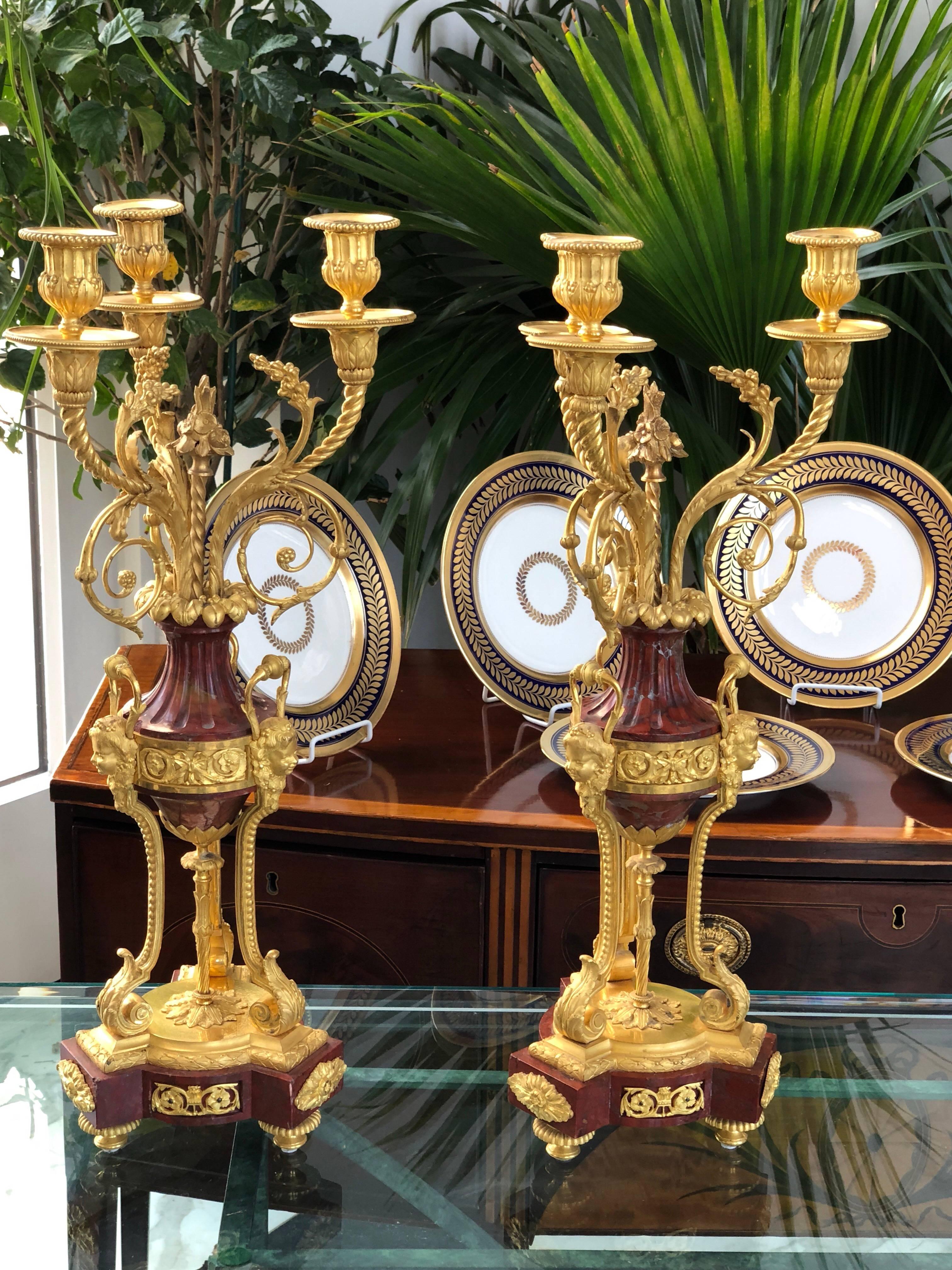 A pair Louis XVI Marble and Bronze Gilt Candelabra  In Good Condition For Sale In New Haven, CT