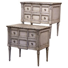 Pair of Louis XVI Carved and Painted Two-Drawer Commodes with Faux Marble Top