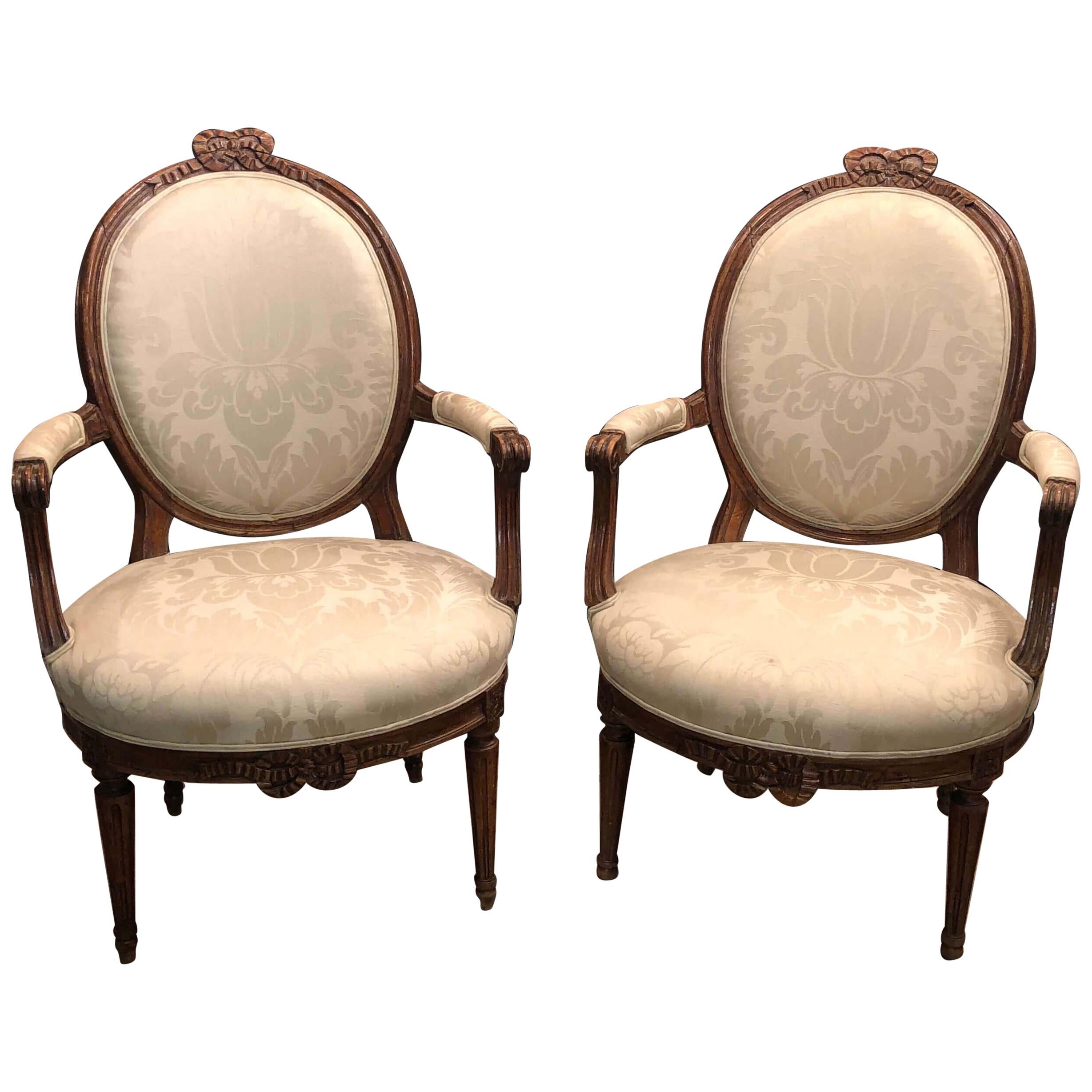 Pair of Louis XVI Carved Bowknot Fauteuils