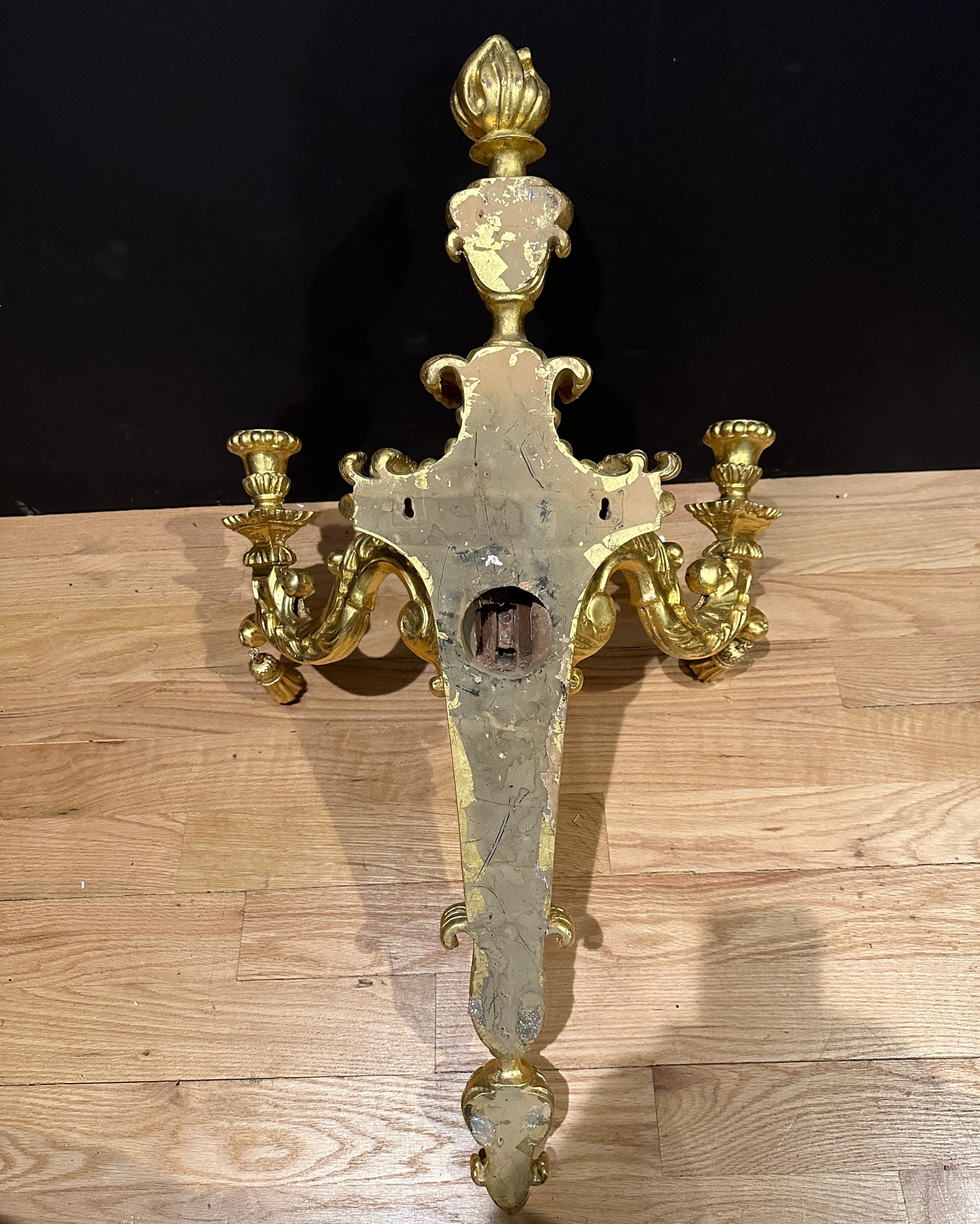 Pair Of Louis XVI Carved Giltwood 3-Arm Sconces For Sale 3