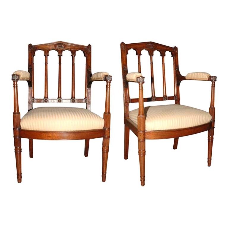 Pair of Louis XVI Carved Mahogany Fauteuils by George Jacob For Sale