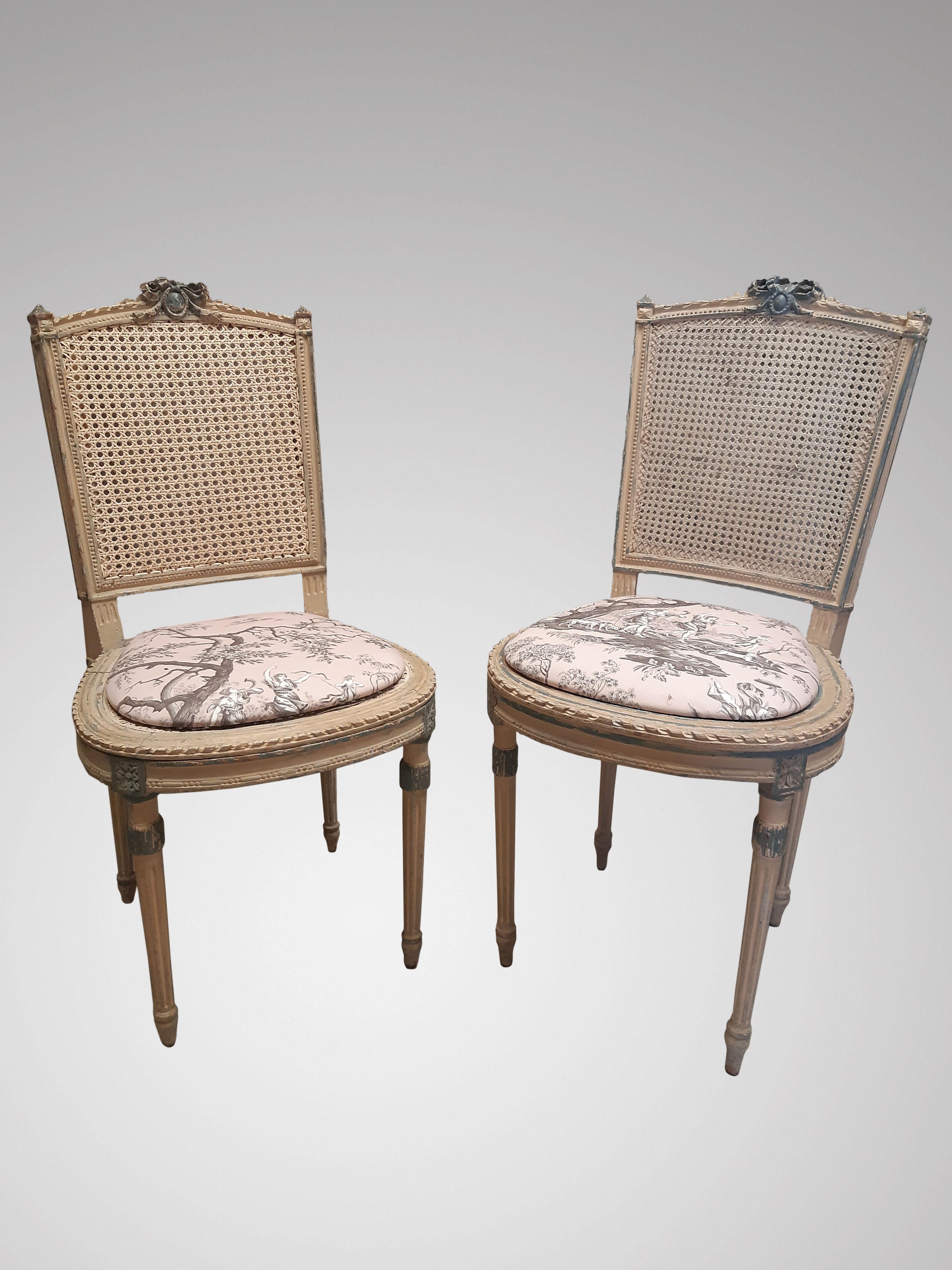 French Pair of Louis XVI Chairs with Seat in Pink Toile De Jouy Cane Back Rest Ribbon