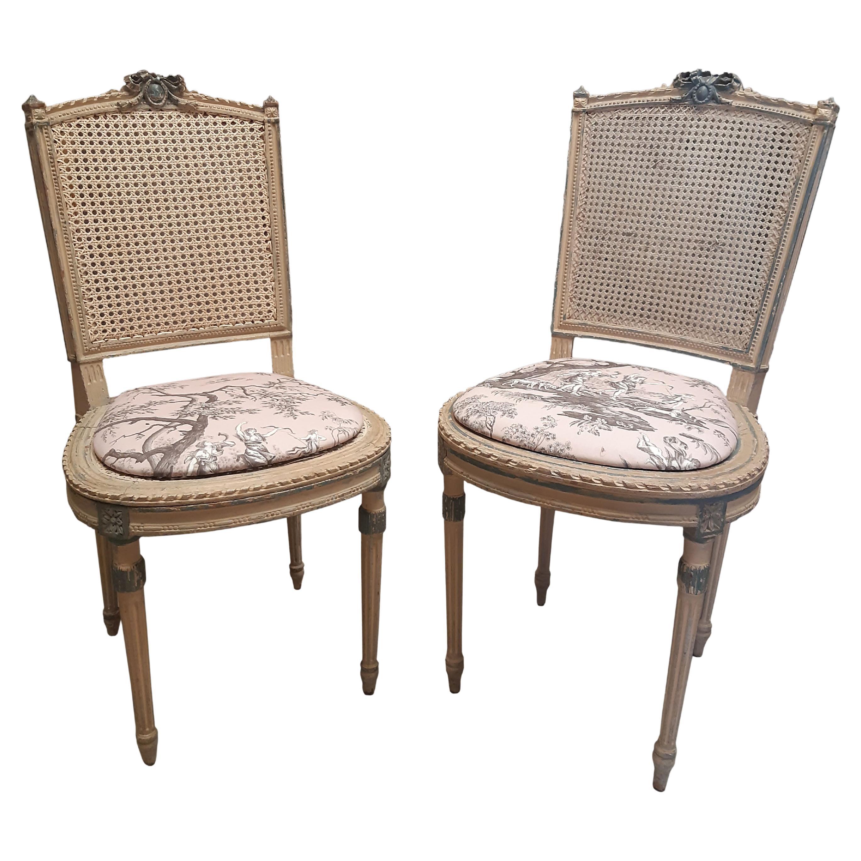 Pair of Louis XVI Chairs with Seat in Pink Toile De Jouy Cane Back Rest Ribbon