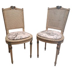 Antique Pair of Louis XVI Chairs with Seat in Pink Toile De Jouy Cane Back Rest Ribbon
