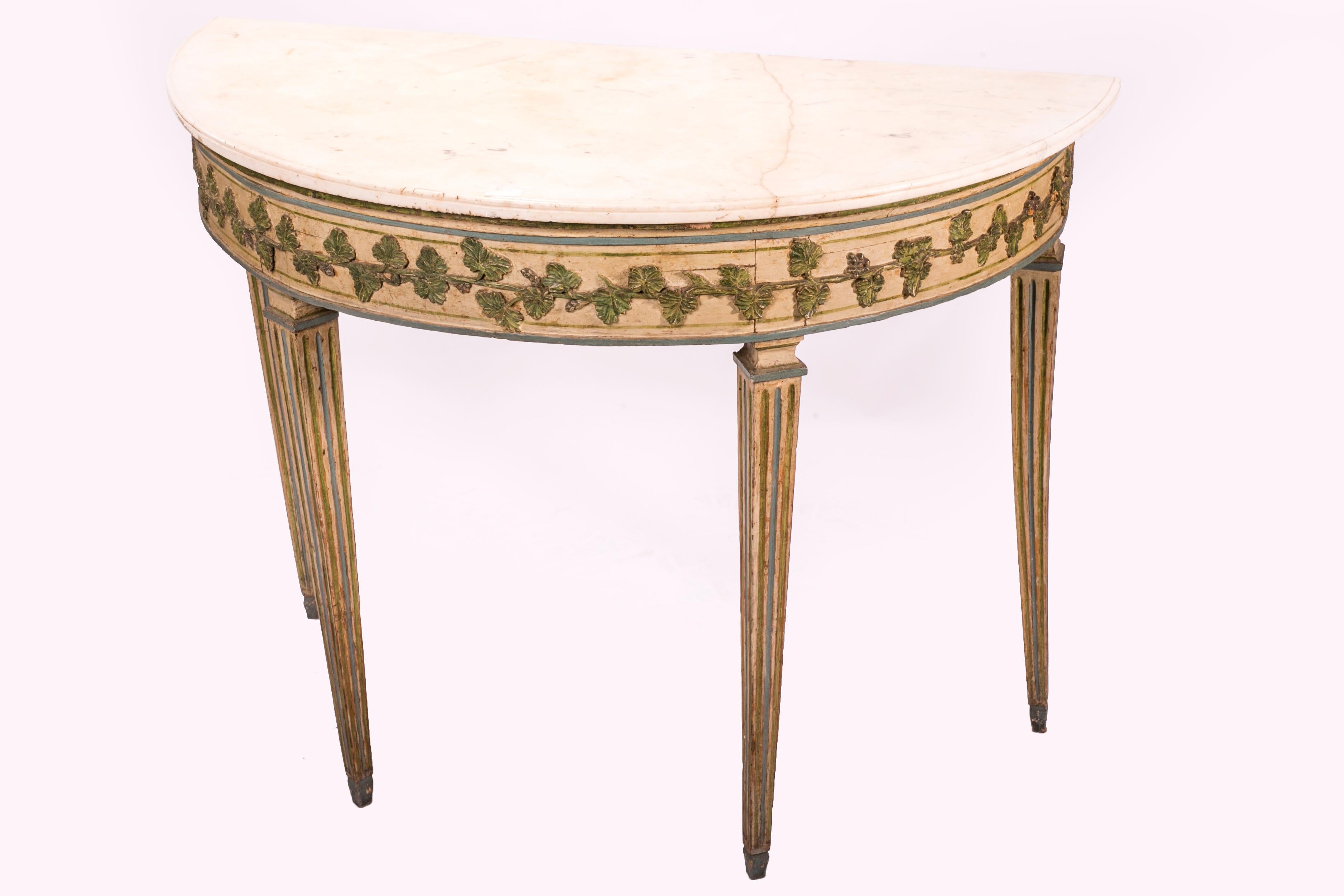 Italian Pair of Louis XVI Console Tables with Carrara Marble Top and Lacquered Wood Fram For Sale