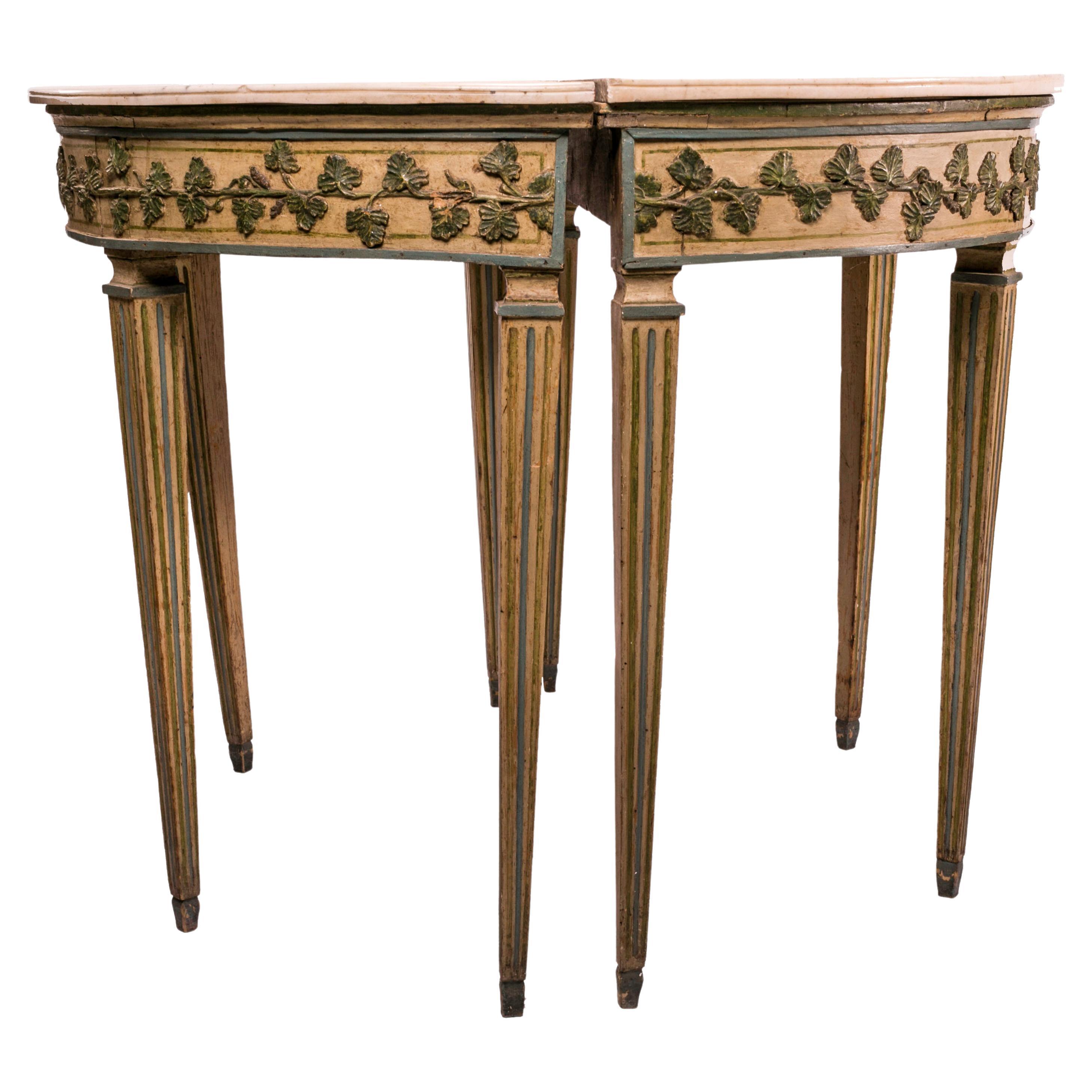 Pair of Louis XVI Console Tables with Carrara Marble Top and Lacquered Wood Fram