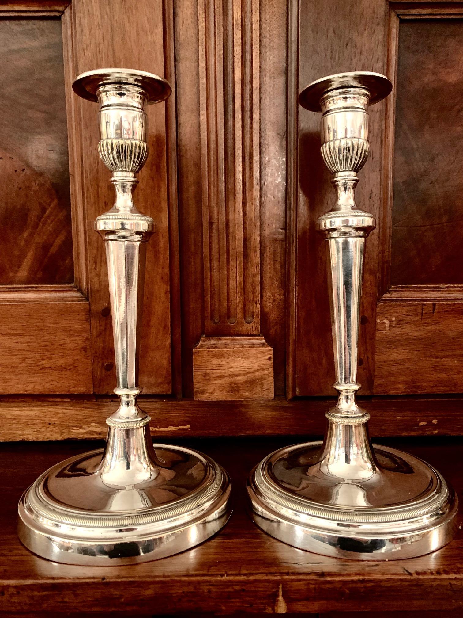 Pair of Louis XVI Directoire Silver Bronze Candlesticks 9