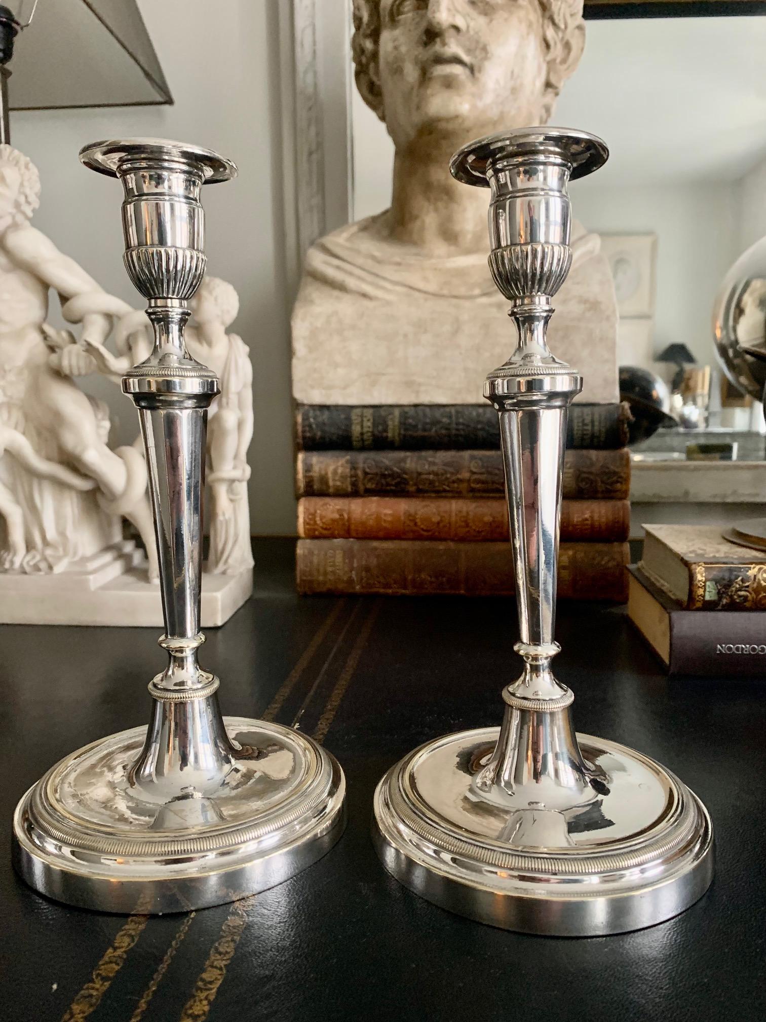 Pair of Louis XVI Directoire Silver Bronze Candlesticks 3