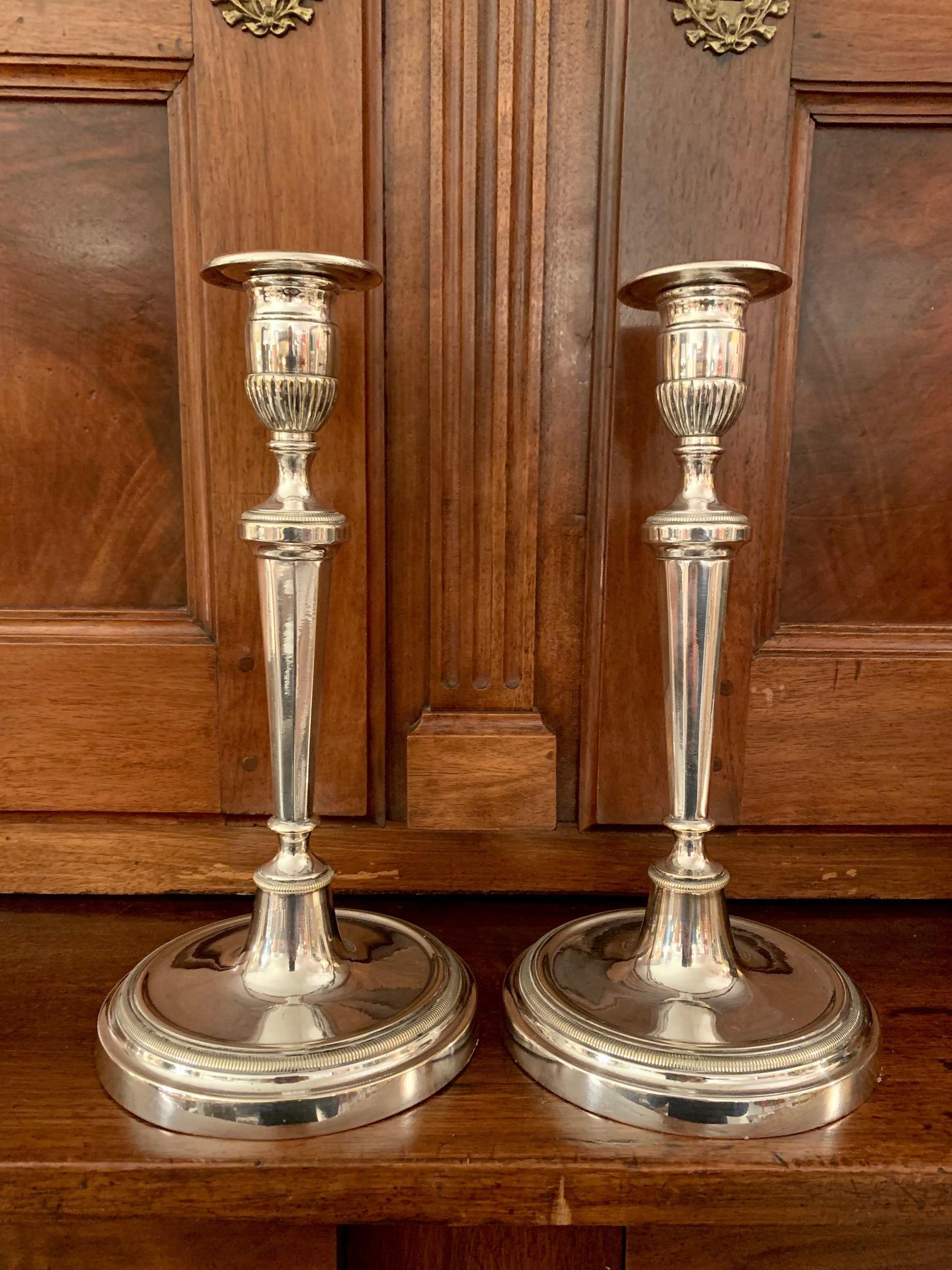 Pair of Louis XVI Directoire Silver Bronze Candlesticks 4