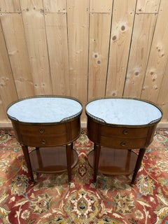 Pair of Louis XVI drum bedside tables in solid mahogany and marble