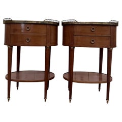 Pair of Louis XVI drum bedside tables in solid mahogany and marble