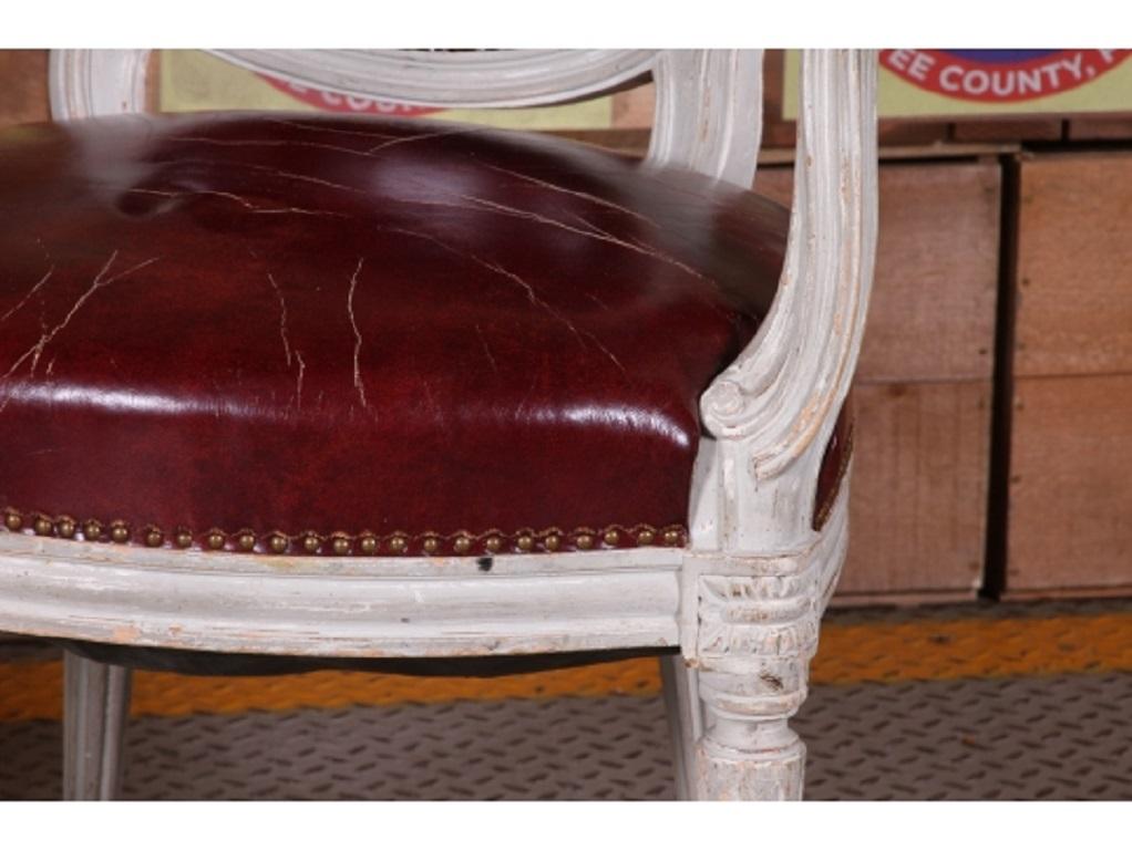 Pair of Louis XVI Fauteuil Distressed Paint with Leather 1