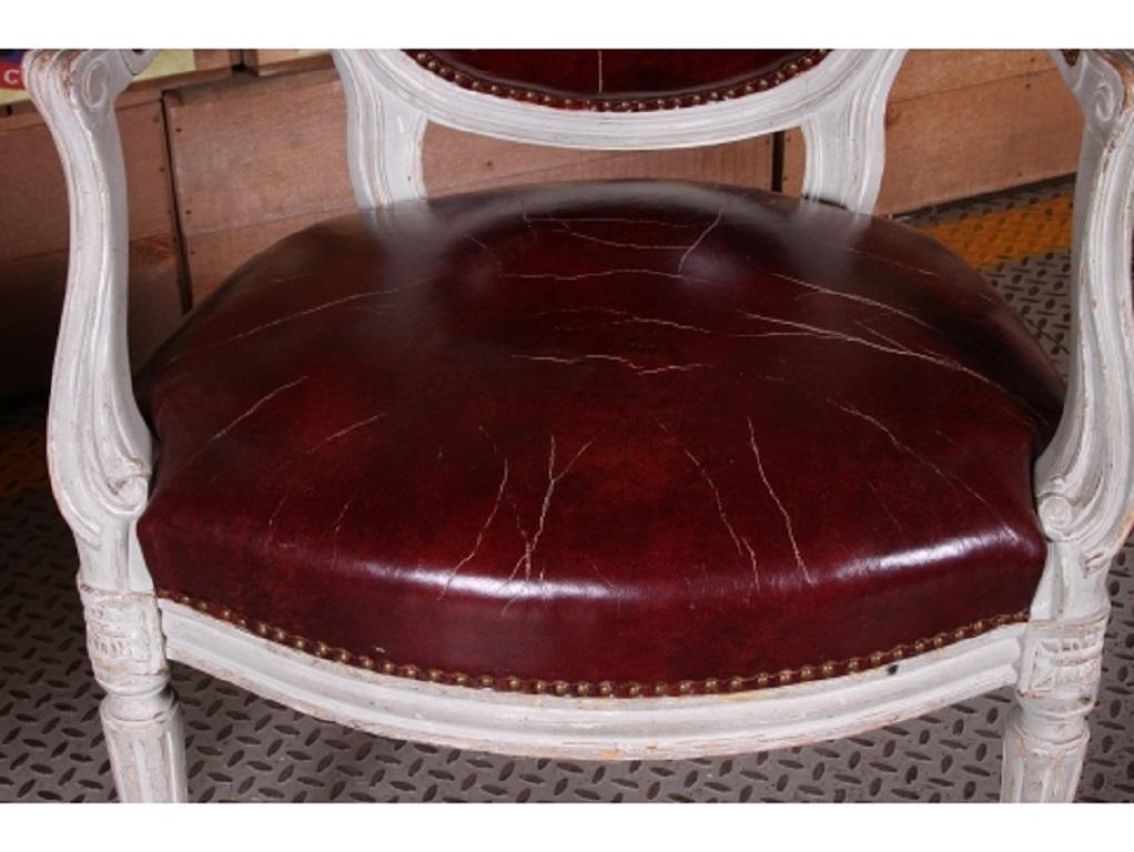 Pair of Louis XVI Fauteuil Distressed Paint with Leather 2