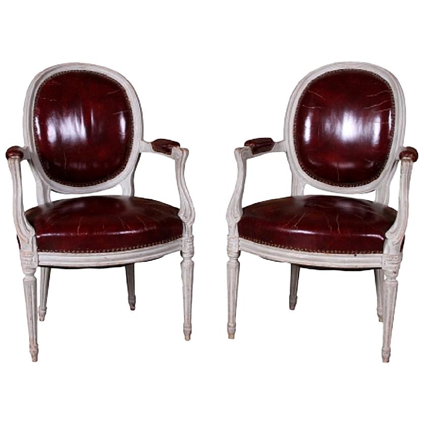 Pair of Louis XVI Fauteuil Distressed Paint with Leather