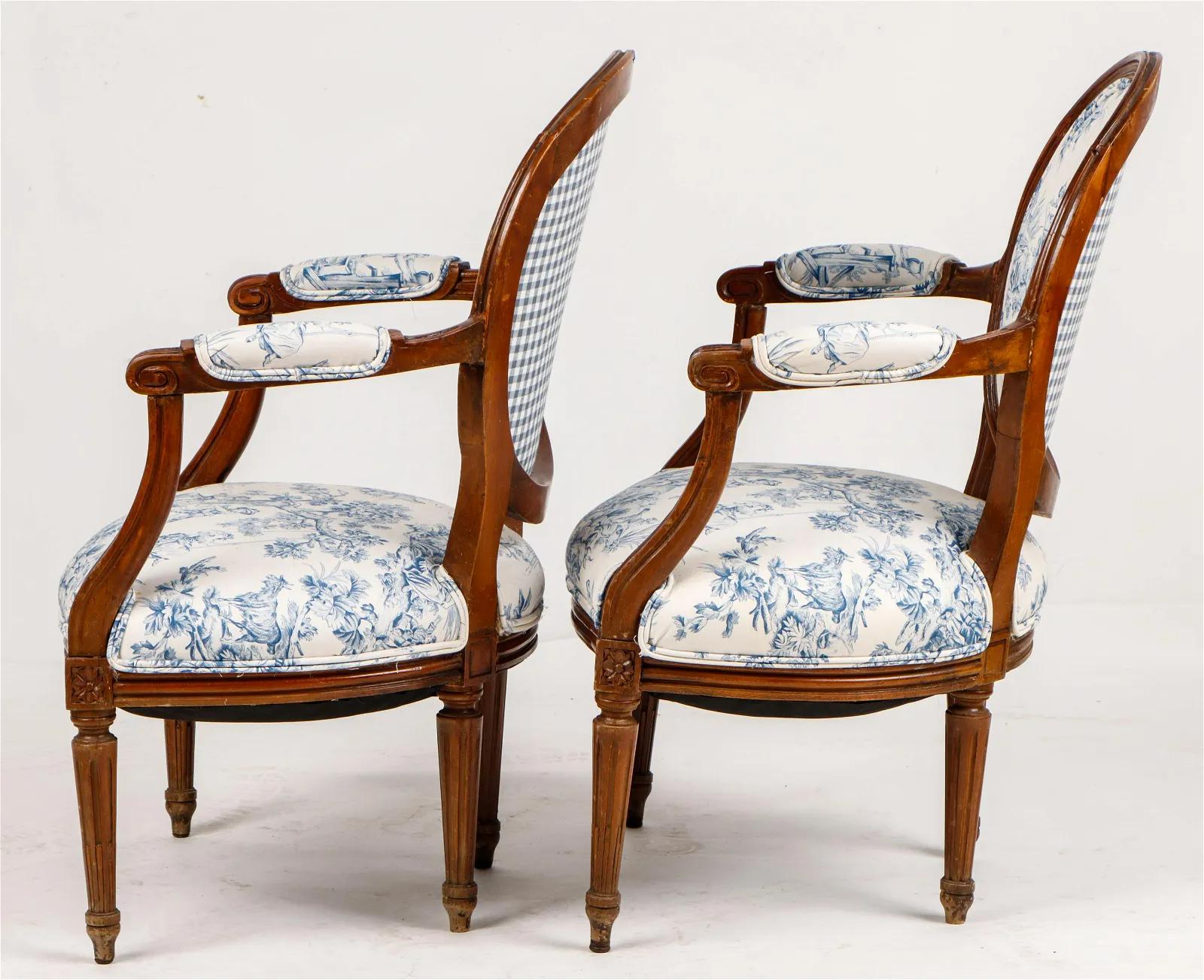 French Pair of Louis XVI Fauteuils, Toile De Jouy
