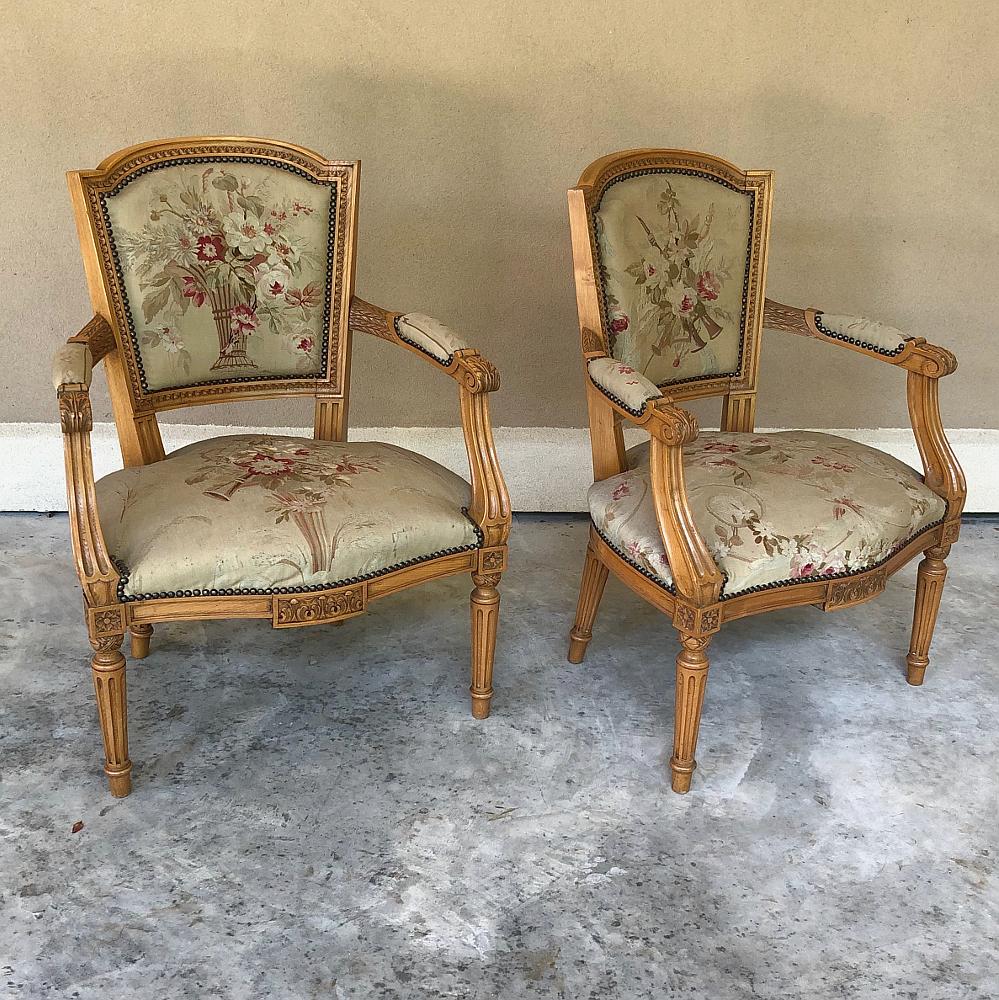 Hand-Carved Pair of Louis XVI French Aubusson Tapestry Fruitwood Armchairs