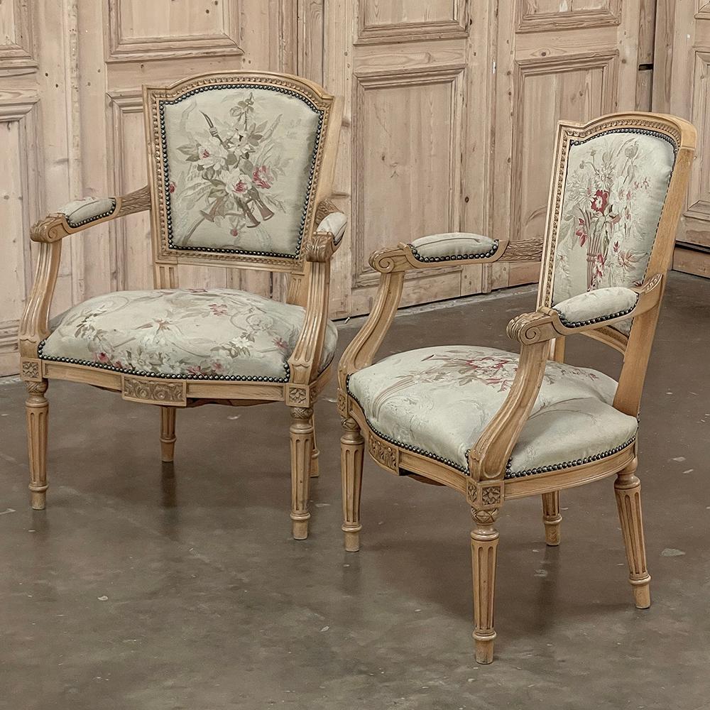 Hand-Carved Pair of Louis XVI French Aubusson Tapestry Fruitwood Armchairs For Sale