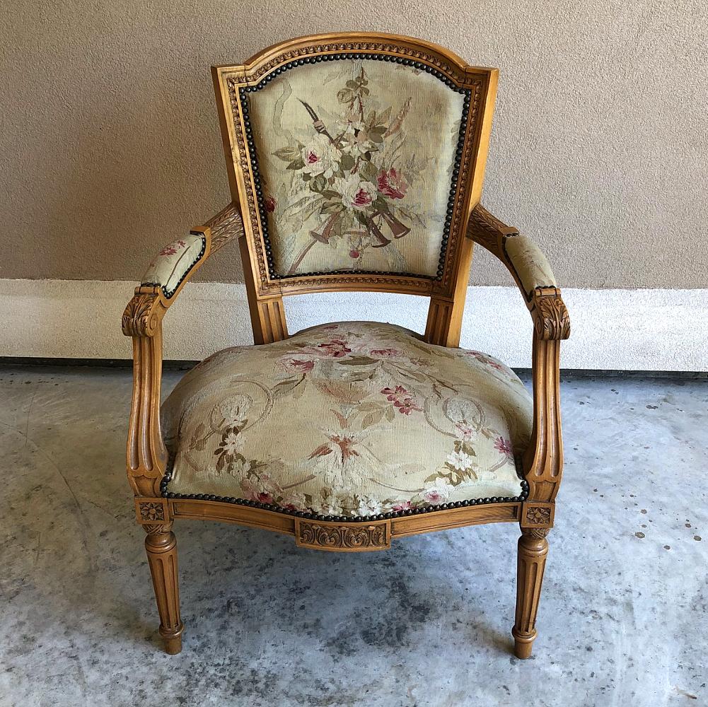 Late 19th Century Pair of Louis XVI French Aubusson Tapestry Fruitwood Armchairs