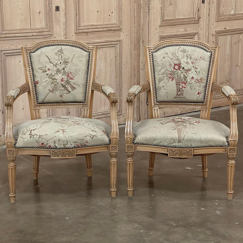 Pair of Louis XVI French Aubusson Tapestry Fruitwood Armchairs In Good Condition For Sale In Dallas, TX